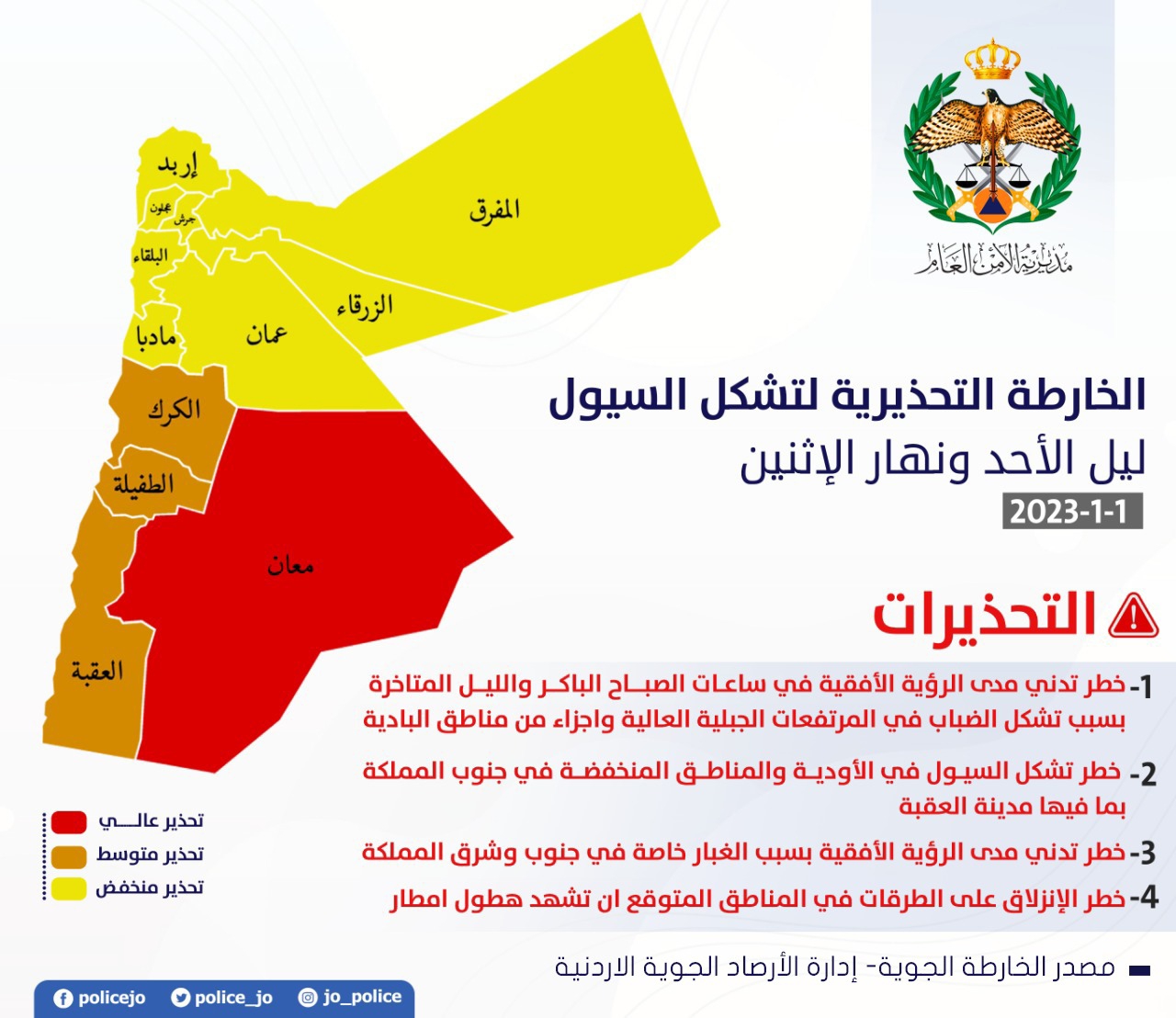 مديرية الأمن العام تحذر من حالة عدم الاستقرار الجوي المتوقعة