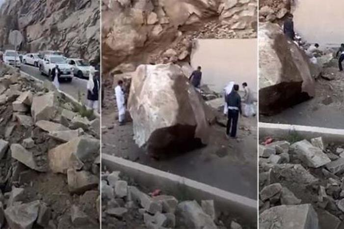 صخور ضخمة تتساقط على عقبة التوحيد دون إصابات في السعودية