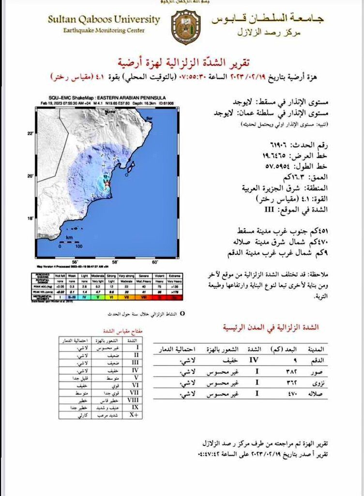 سلطنة عمان: هزة أرضية بقوة 4.1 درجة تضرب مدينة الدقم على ساحل بحر العرب