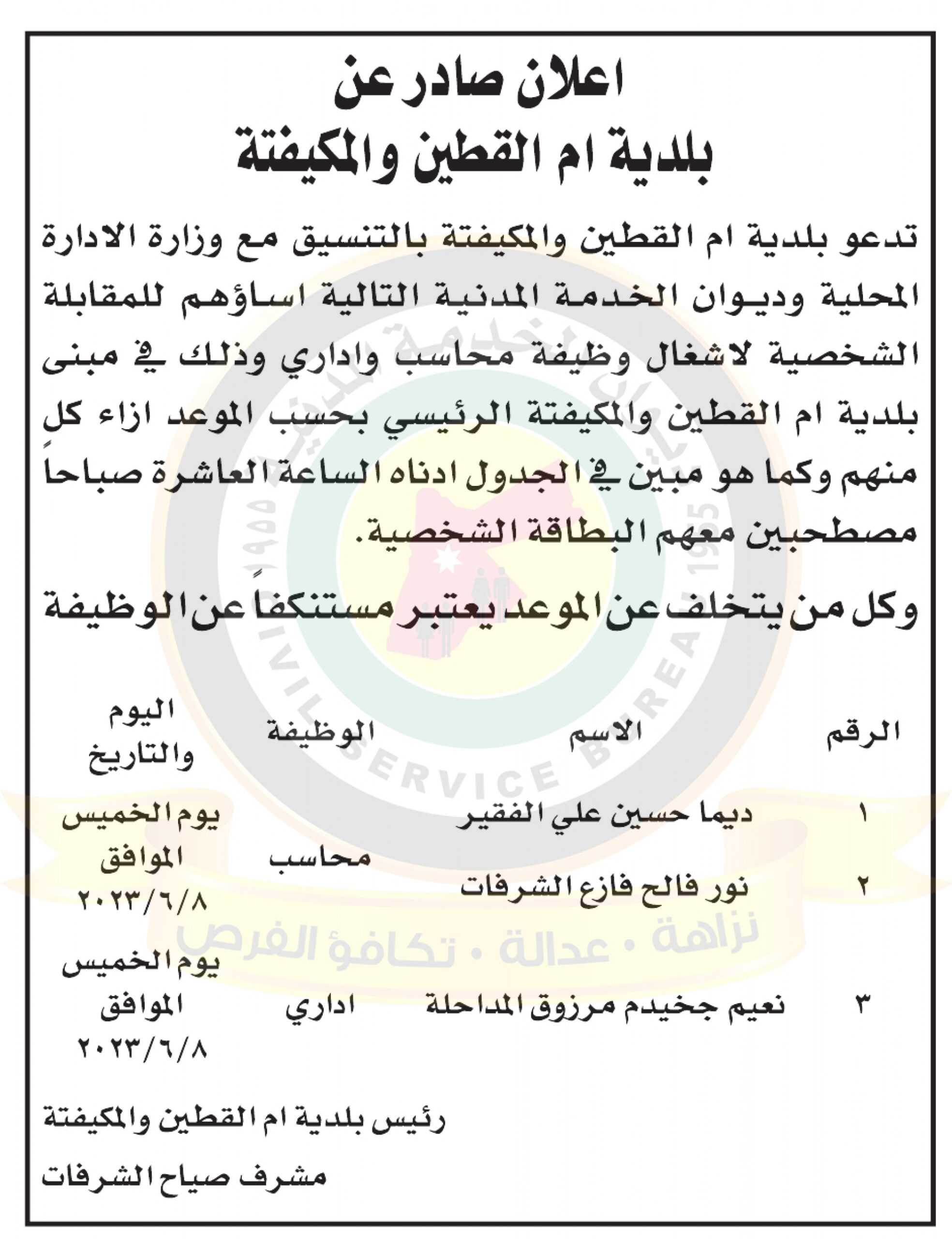 اعلان مقابلات شخصية صادر عن بلدية ام القطين والمكيفته
