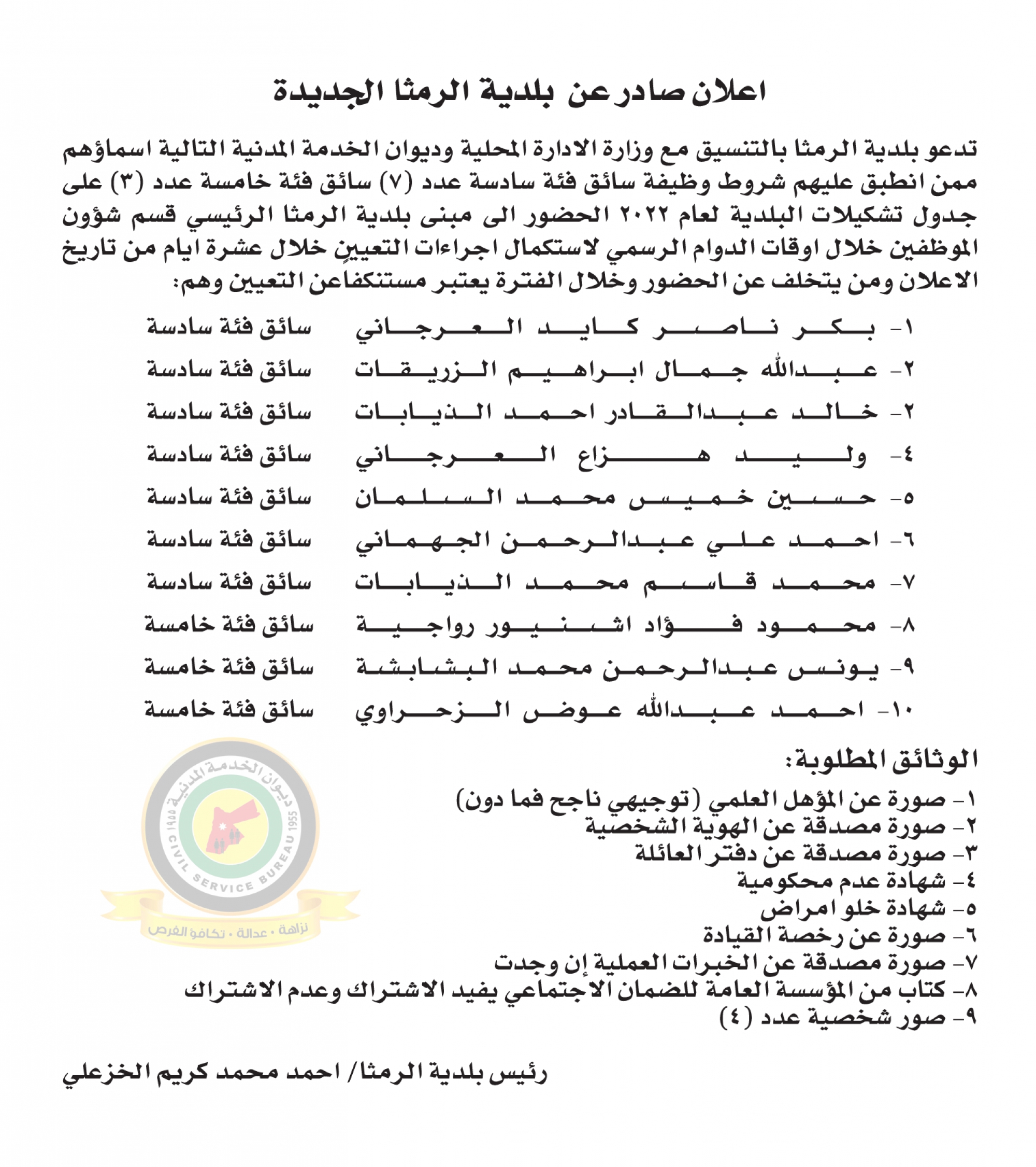 اعلان استكمال اجراءات التعيين صادرعن بلدية الرمثا الجديدة