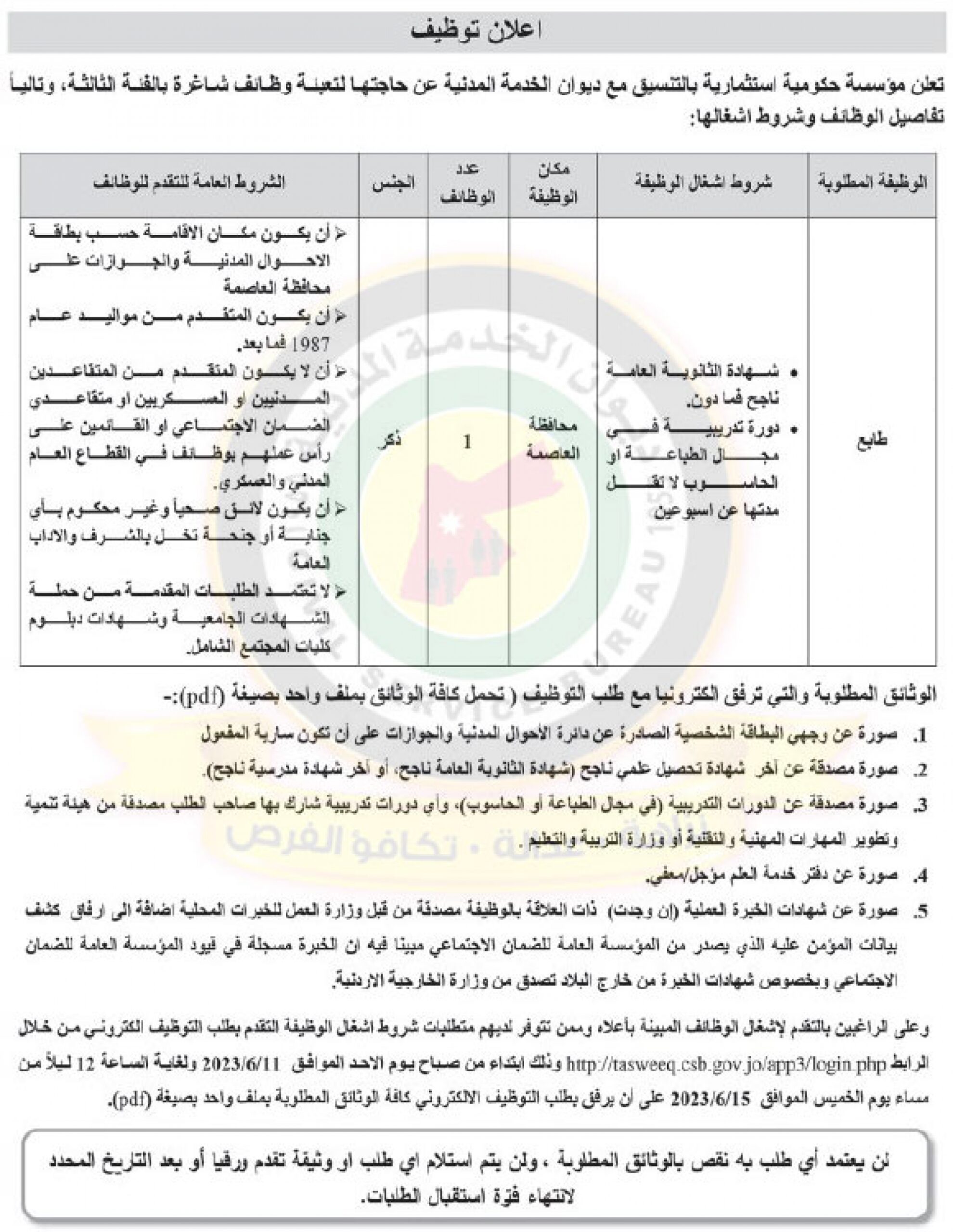 اعلان توفر وظائف شاغرة بالفئة الثالثة صادر عن مؤسسة حكومية استثمارية