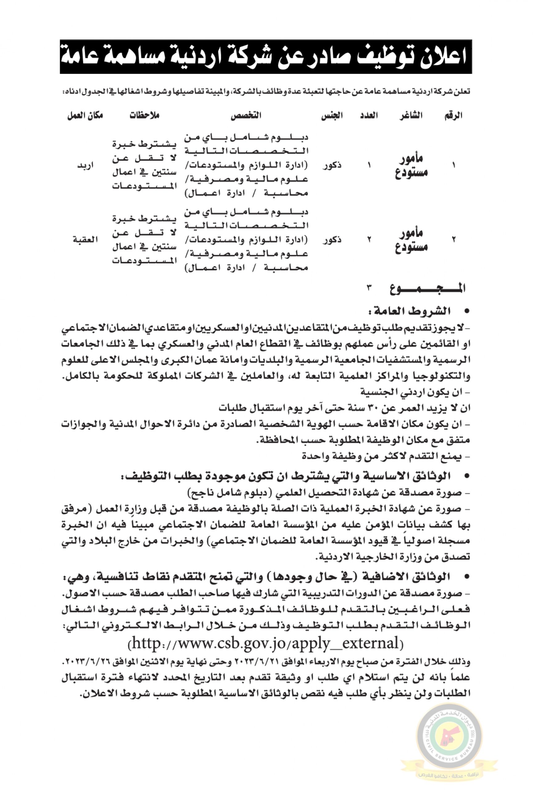 اعلان وظائف شاغرة صادرعن شركة أردنية مساهمة