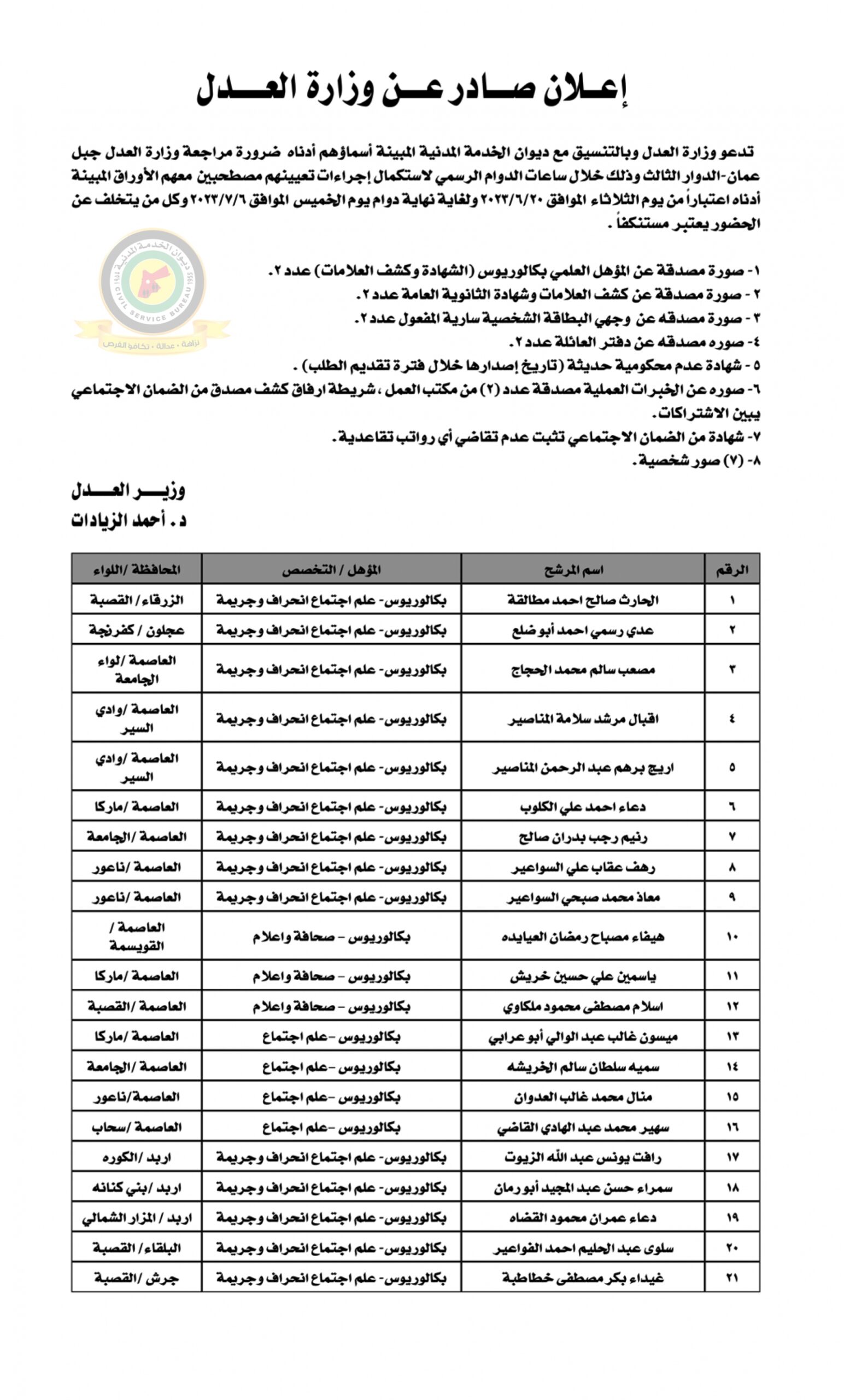 اعلان استكمال اجراءات التعيين صادرعن وزارة العدل