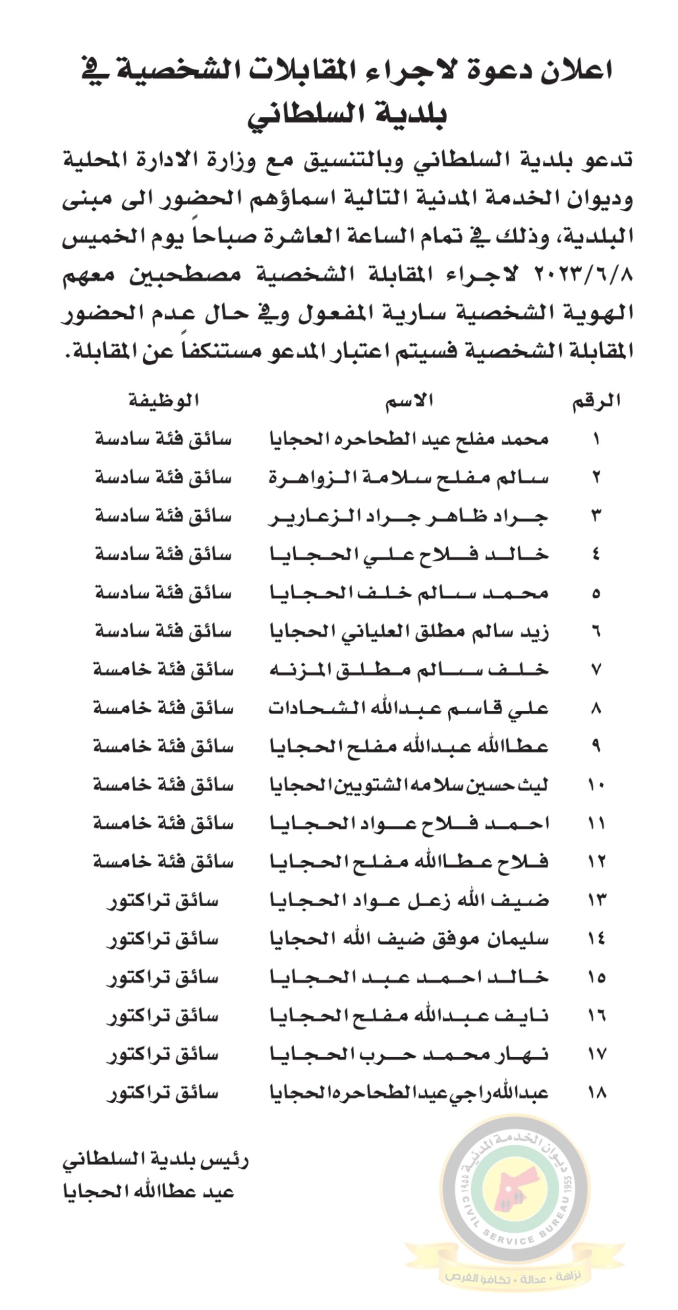 اعلان مقابلة شخصية يوم الخميس الموافق 8-6-2023 في تمام الساعة العاشرة صباحا صادرعن بلدية السلطاني