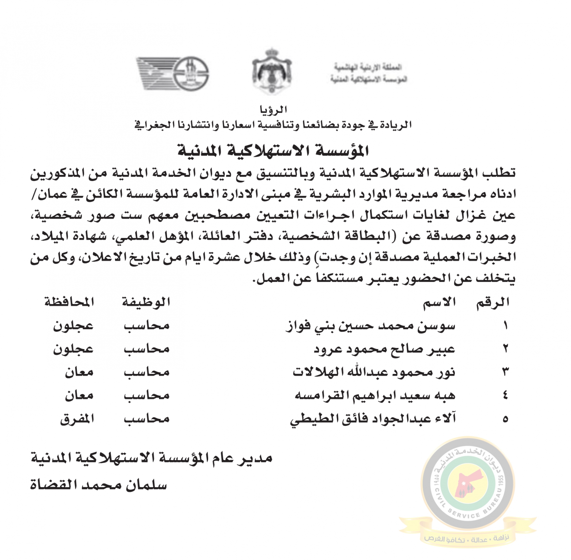 اعلان استكمال اجراءات التعيين صادرعن المؤسسة الإستهلاكية المدنية