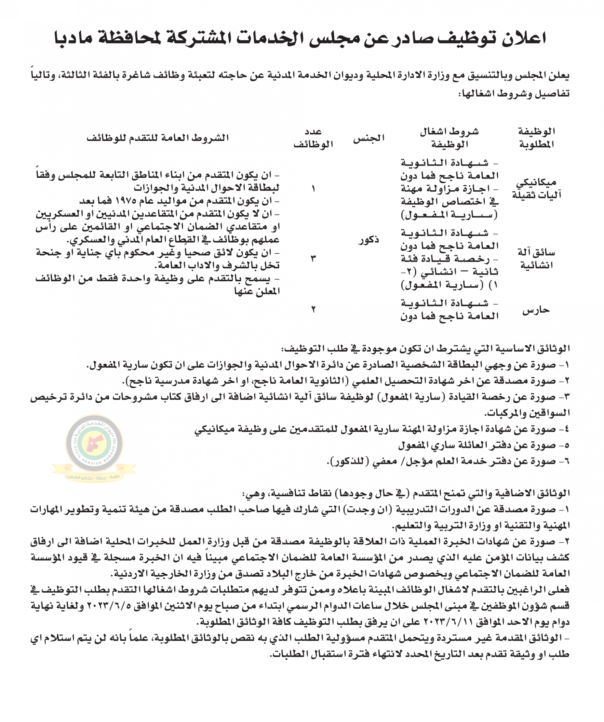 اعلان وظائف شاغرة بالفئة الثالثة صادرعن مجلس الخدمات المشتركة لمحافظة مادبا