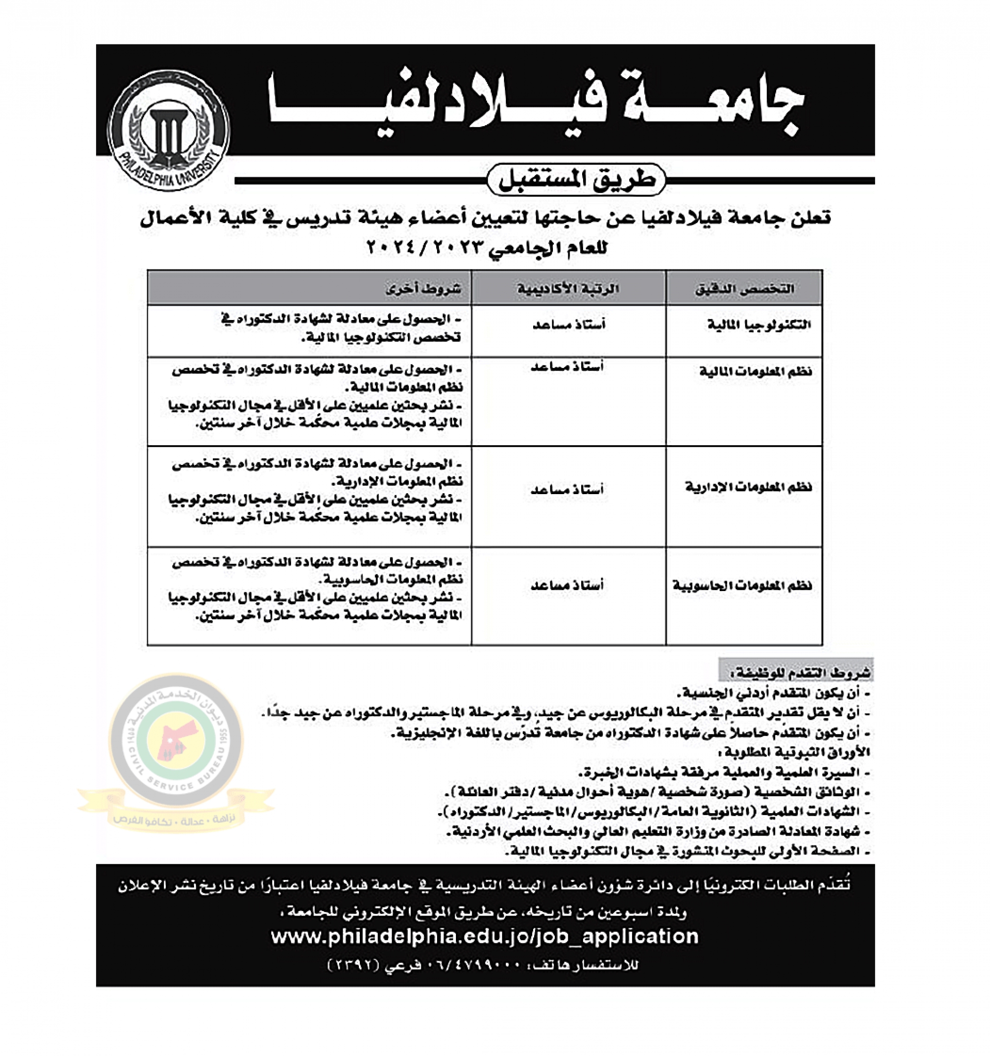 اعلان تعيين اعضاء هيئة تدريسية صادر عن جامعة فيلادلفيا - كلية الأعمال