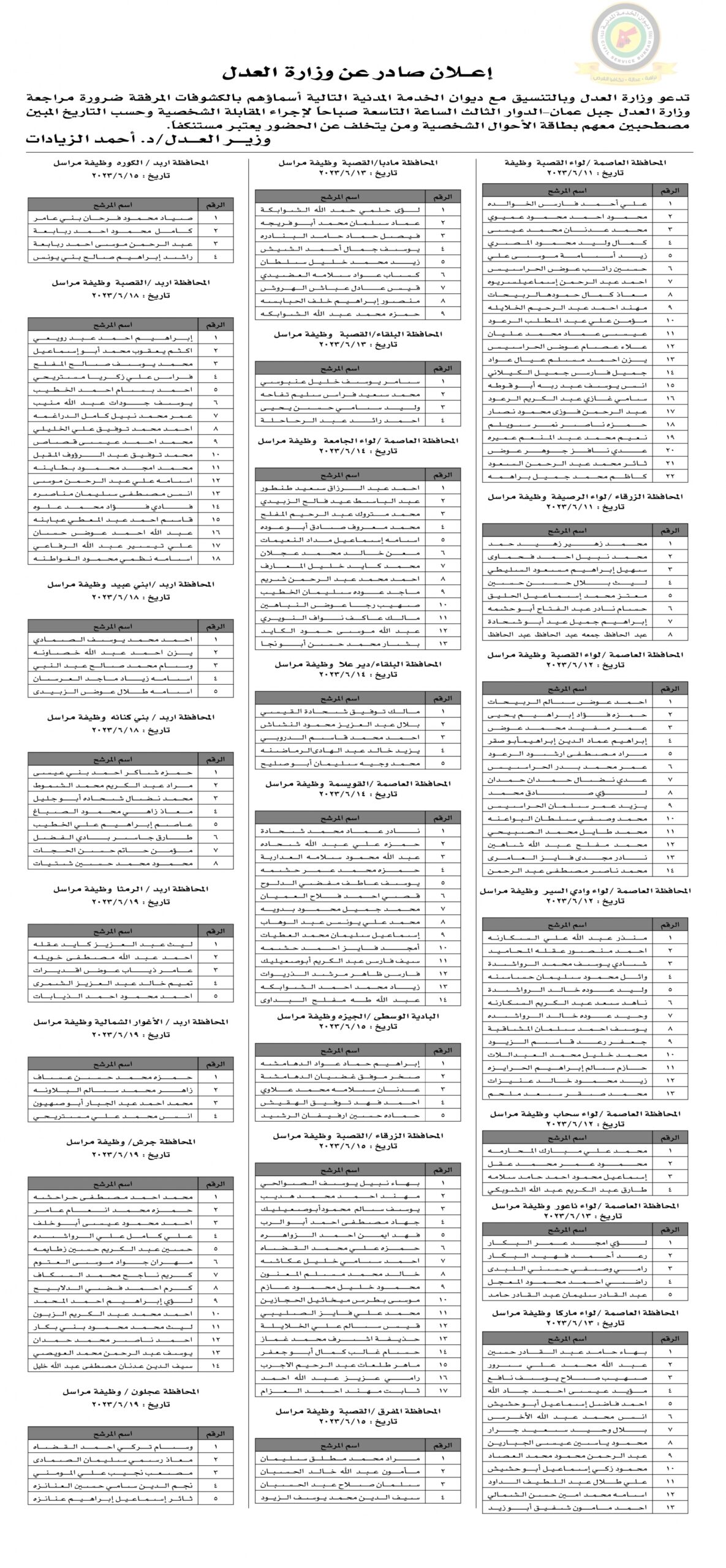 اعلان مقابلة شخصية في تمام الساعة التاسعة صباحا صادرعن وزارة العدل