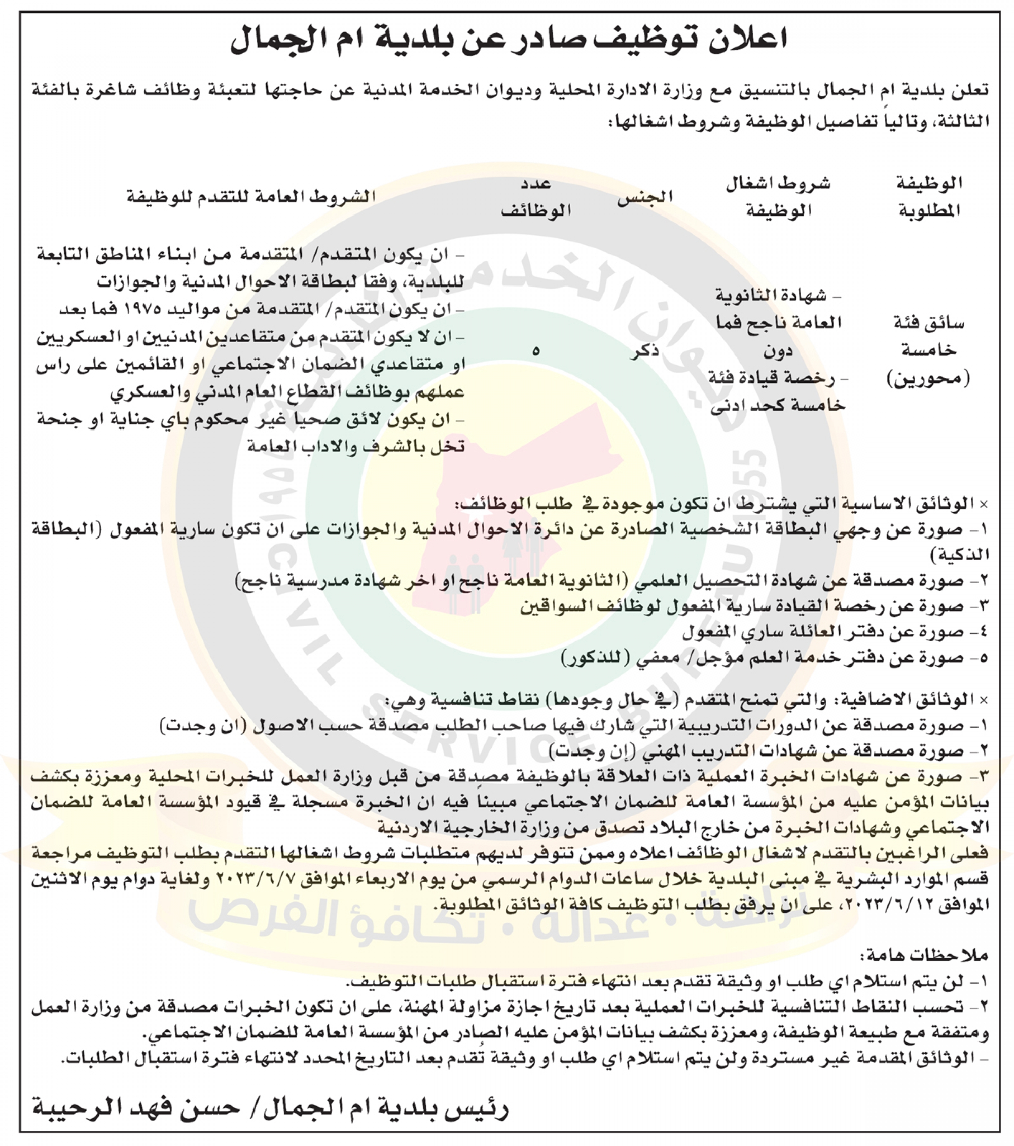 اعلان وظائف شاغرة صادر عن بلدية ام الجمال