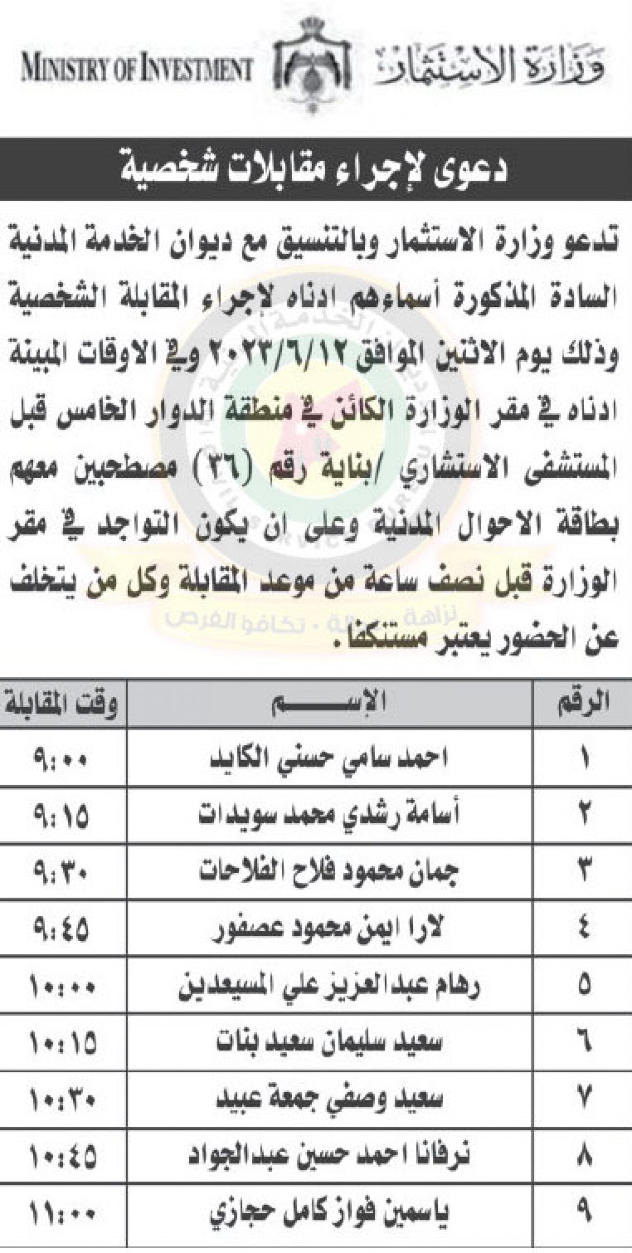 اعلان مقابلات شخصية صادر عن وزارة الاستثمار بتاريخ 12/6/2023