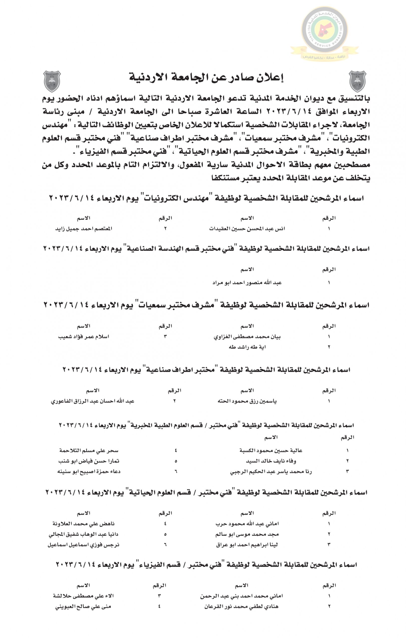 اعلان مقابلة شخصية يوم الأربعاء الموافق 14-6-2023 في تمام الساعة العاشرة صباحا صادرعن الجامعة الأردنية