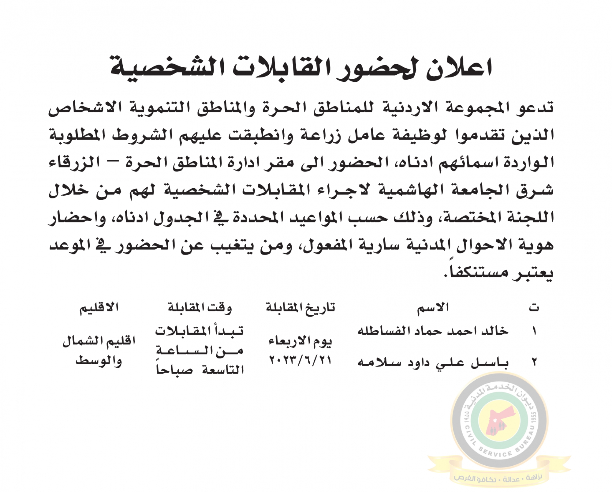 اعلان مقابلة شخصية يوم الاربعاء الموافق 21-6-2023 تبدأ المقابلات في تمام الساعة التاسعة صباحا صادر عن المجموعة الأردنية للمناطق الحرة والمناطق التنموية