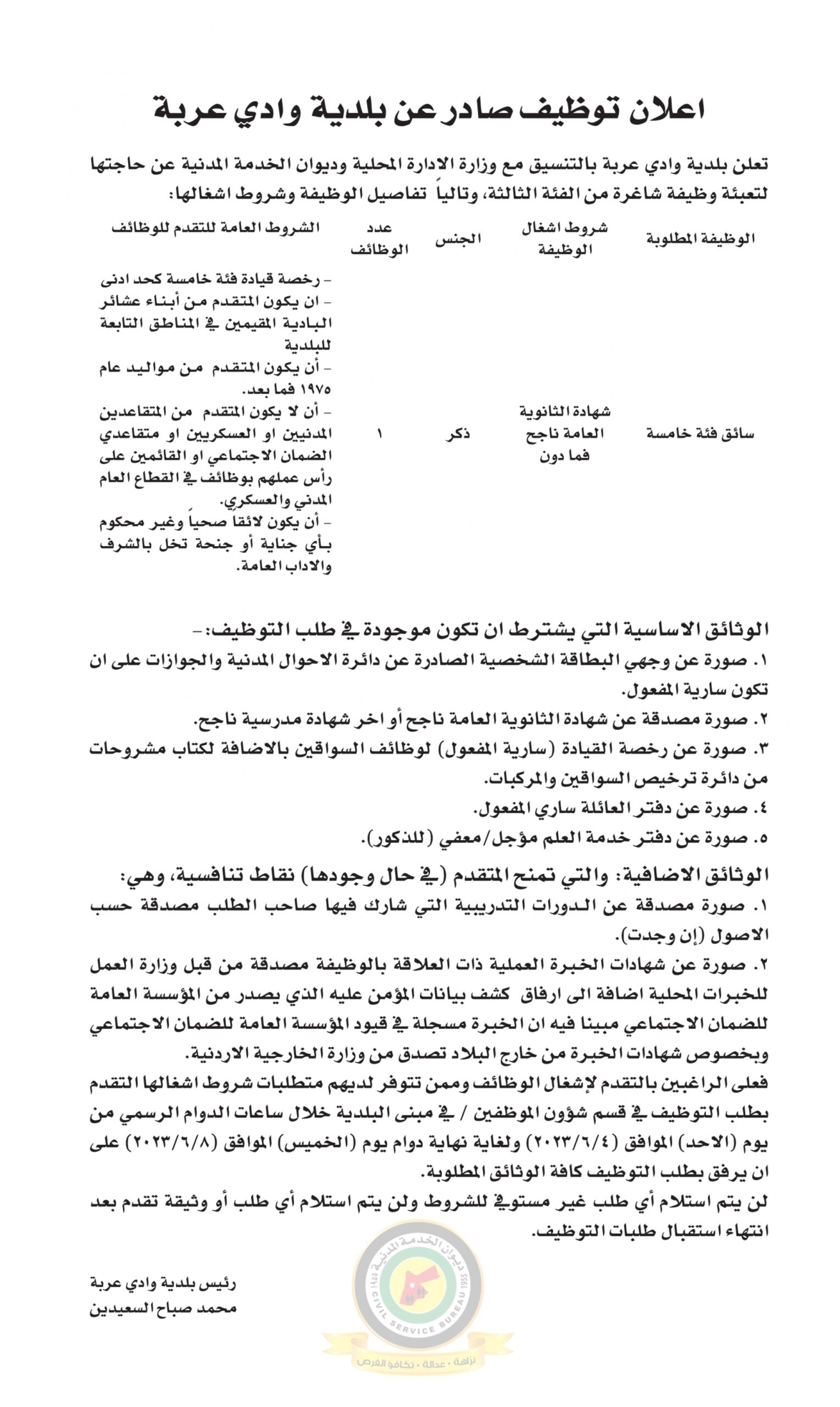 اعلان وظائف شاغرة بالفئة الثالثة صادرعن بلدية وادي عربة