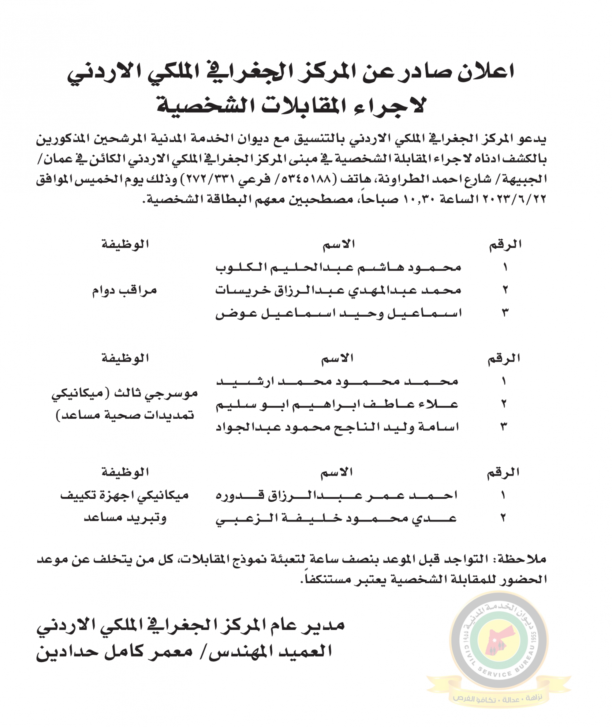 اعلان مقابلة شخصية يوم الخميس الموافق 22-6-2023 في تمام الساعة العاشرة والنصف صباحا صادر عن المركز الجغرافي الملكي الأردني