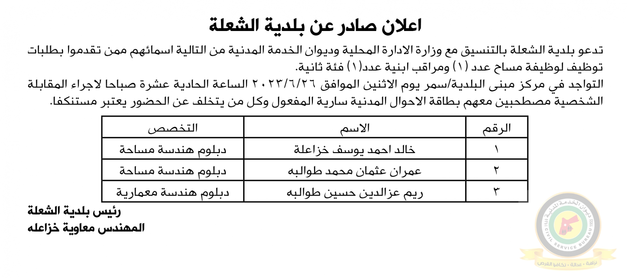 اعلان مقابلة شخصية يوم الاثنين الموافق 26-6-2023 في تمام الساعة الحادية عشر صباحا صادر عن بلدية الشعلة