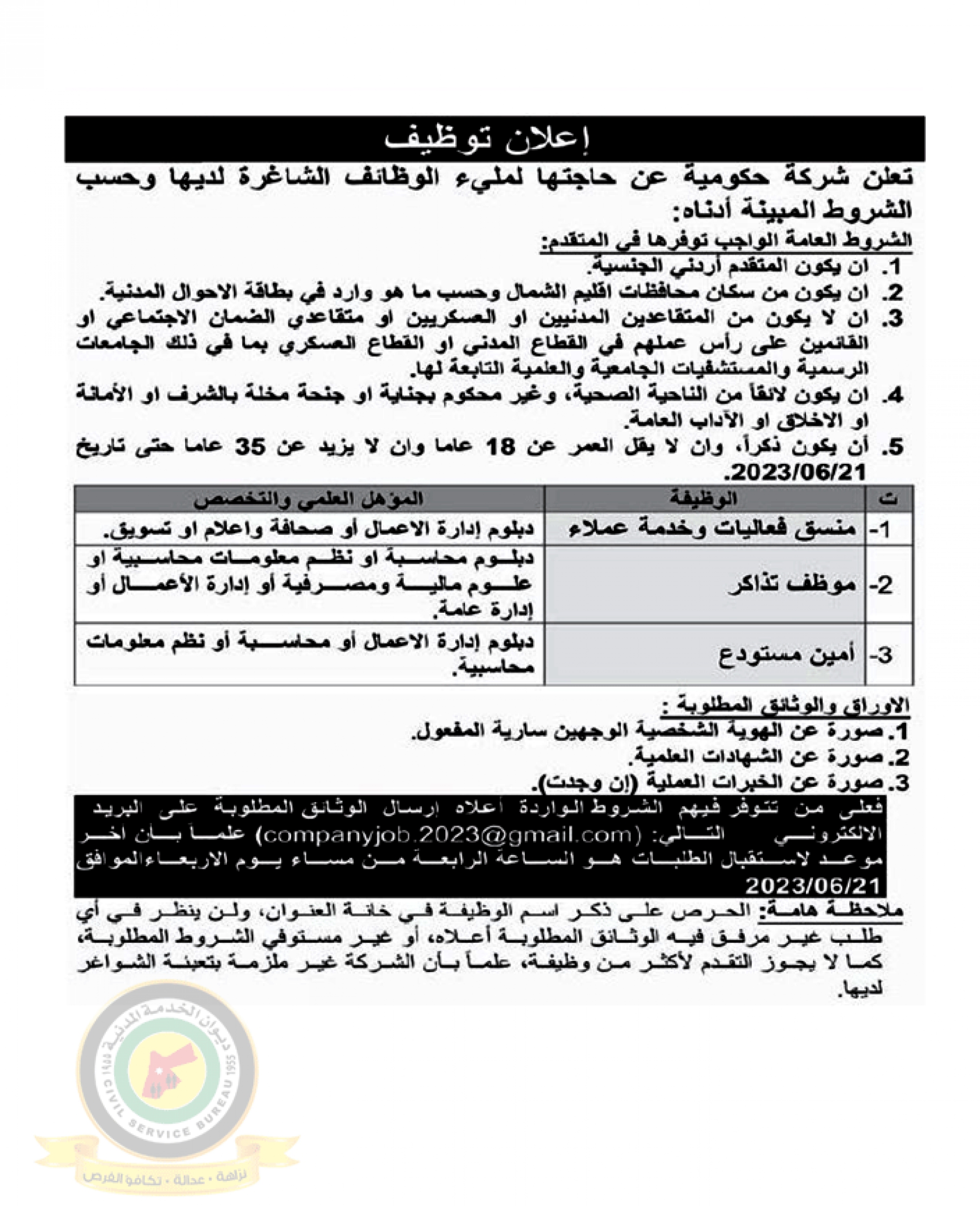 اعلان وظائف شاغرة صادرعن جهة مملوكة للحكومة