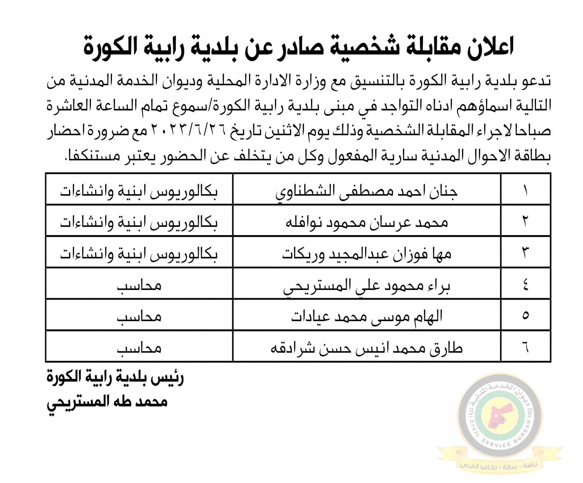 اعلان مقابلة شخصية يوم الاثنين الموافق 26-6-2023 في تمام الساعة العاشرة صباحا صادر عن بلدية رابية الكورة