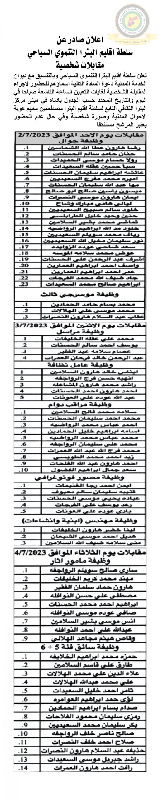 اعلان مقابلة شخصية من يوم الأحد الموافق 2-7-2023 في تمام الساعة التاسعة صباحا صادرعن سلطة اقليم البترا التنموي السياحي