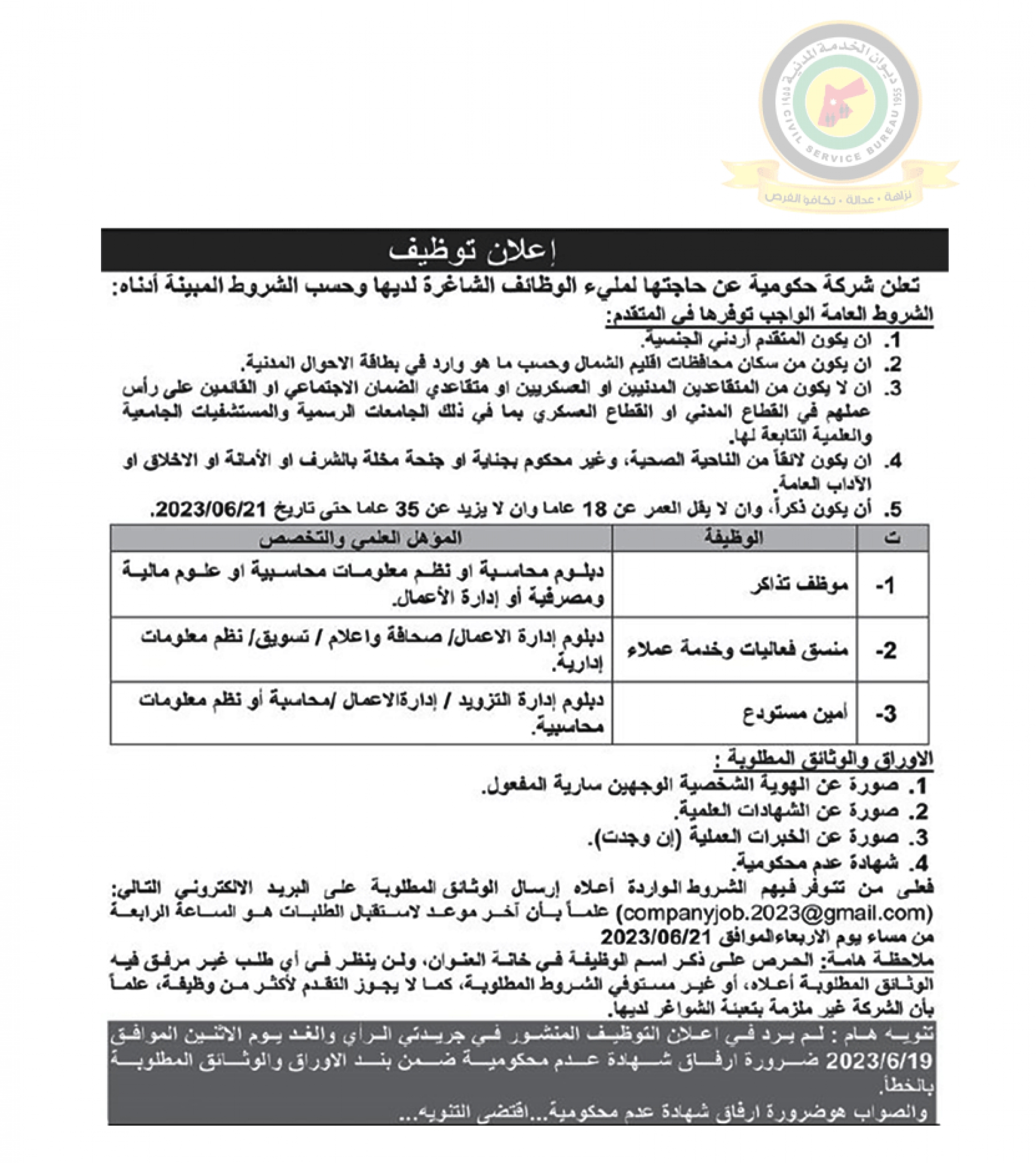 اعلان وظائف شاغرة صادرعن شركة حكومية