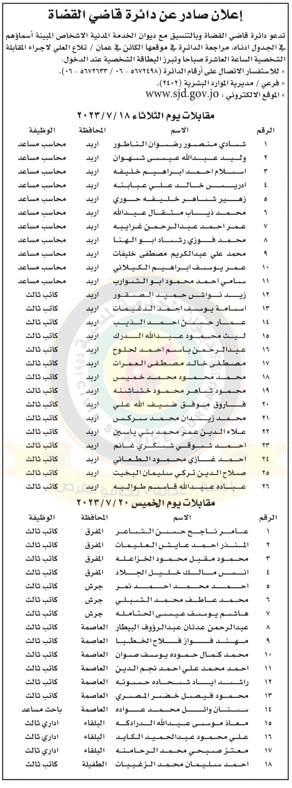 اعلان مقابلات شخصية صادر عن دائرة قاضي القضاة