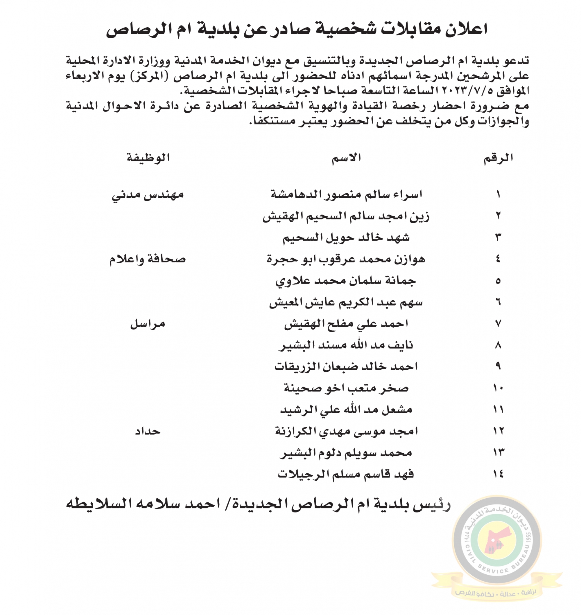 اعلان مقابلة شخصية يوم الاربعاء الموافق 5-7-2023 في تمام الساعة التاسعة صباحا صادر عن بلدية ام الرصاص
