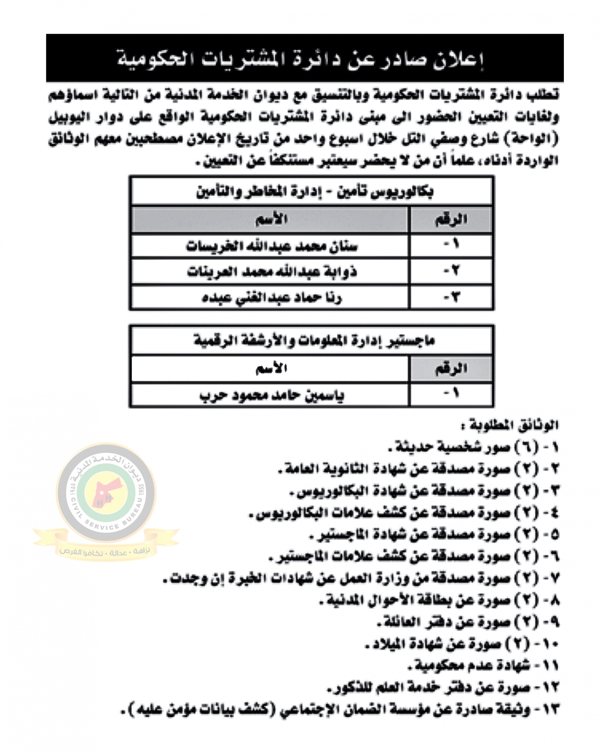 اعلان استكمال اجراءات التعيين صادرعن دائرة المشتريات الحكومية