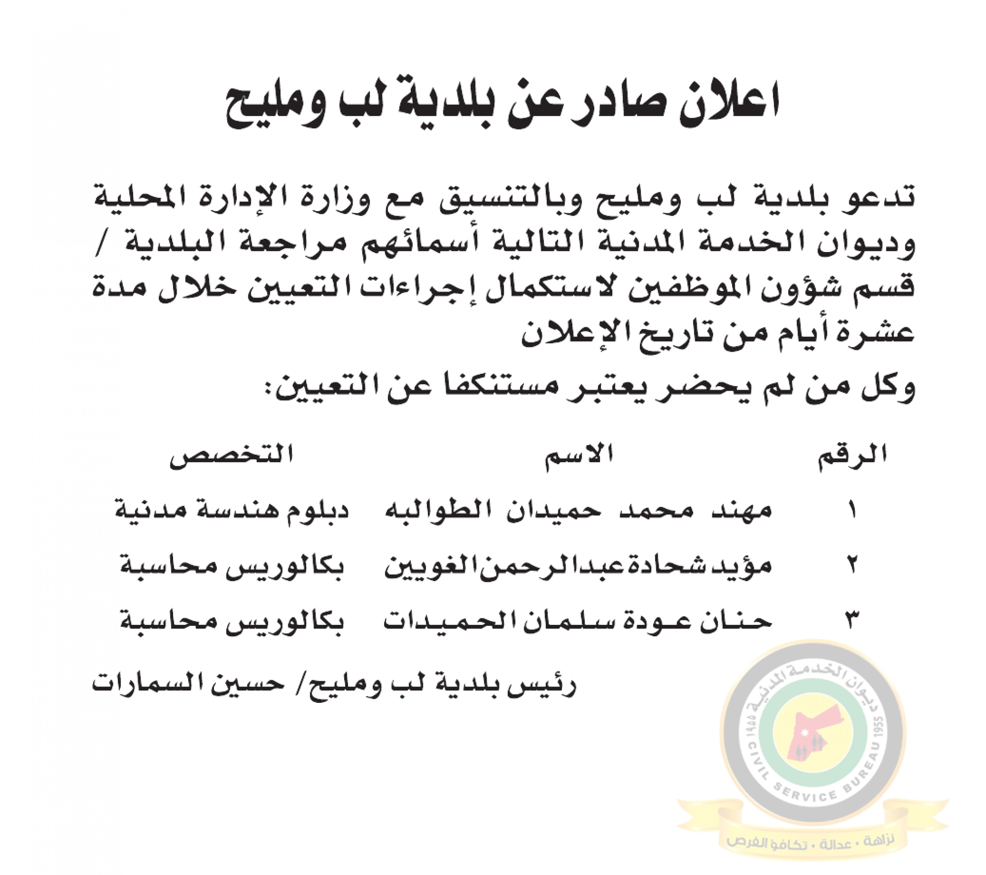 اعلان استكمال اجراءات التعيين صادرعن بلدية لب ومليح