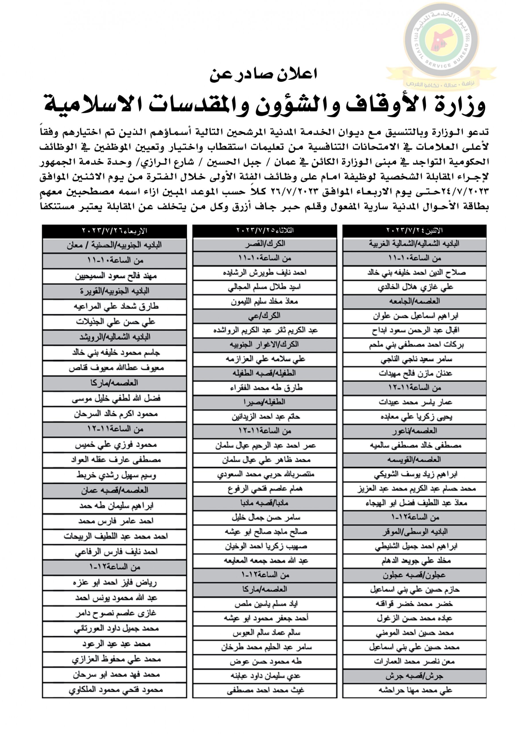 اعلان مقابلة شخصية من يوم الاثنين الموافق 24-7-2023 ولغاية الأربعاء الموافق 26-7-2023 صادر عن وزارة الأوقاف والشؤون والمقدسات الإسلامية