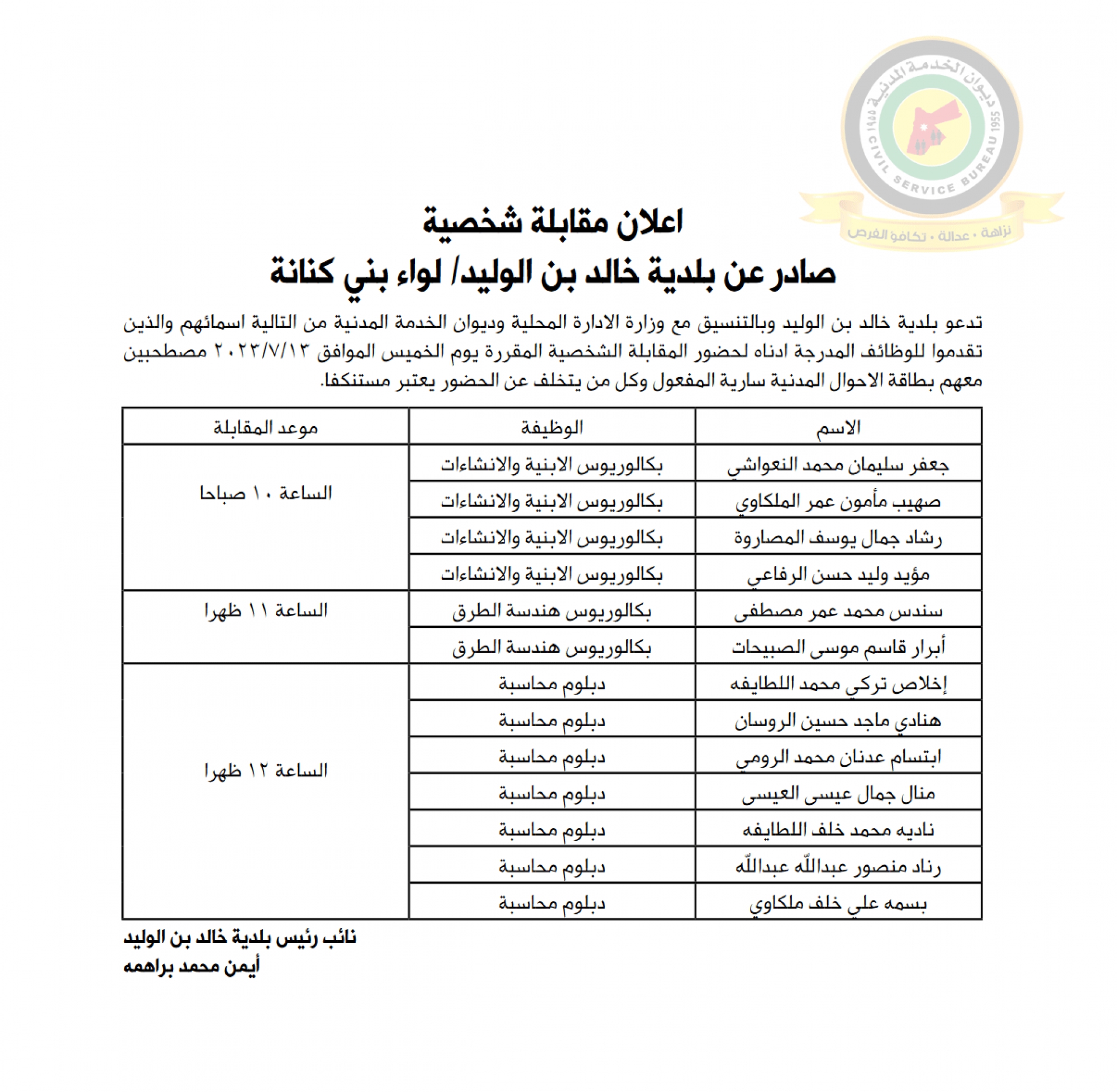 اعلان مقابلة شخصية يوم الخميس الموافق 13-7-2023 صادرعن بلدية خالد بن الوليد / لواء بني كنانة