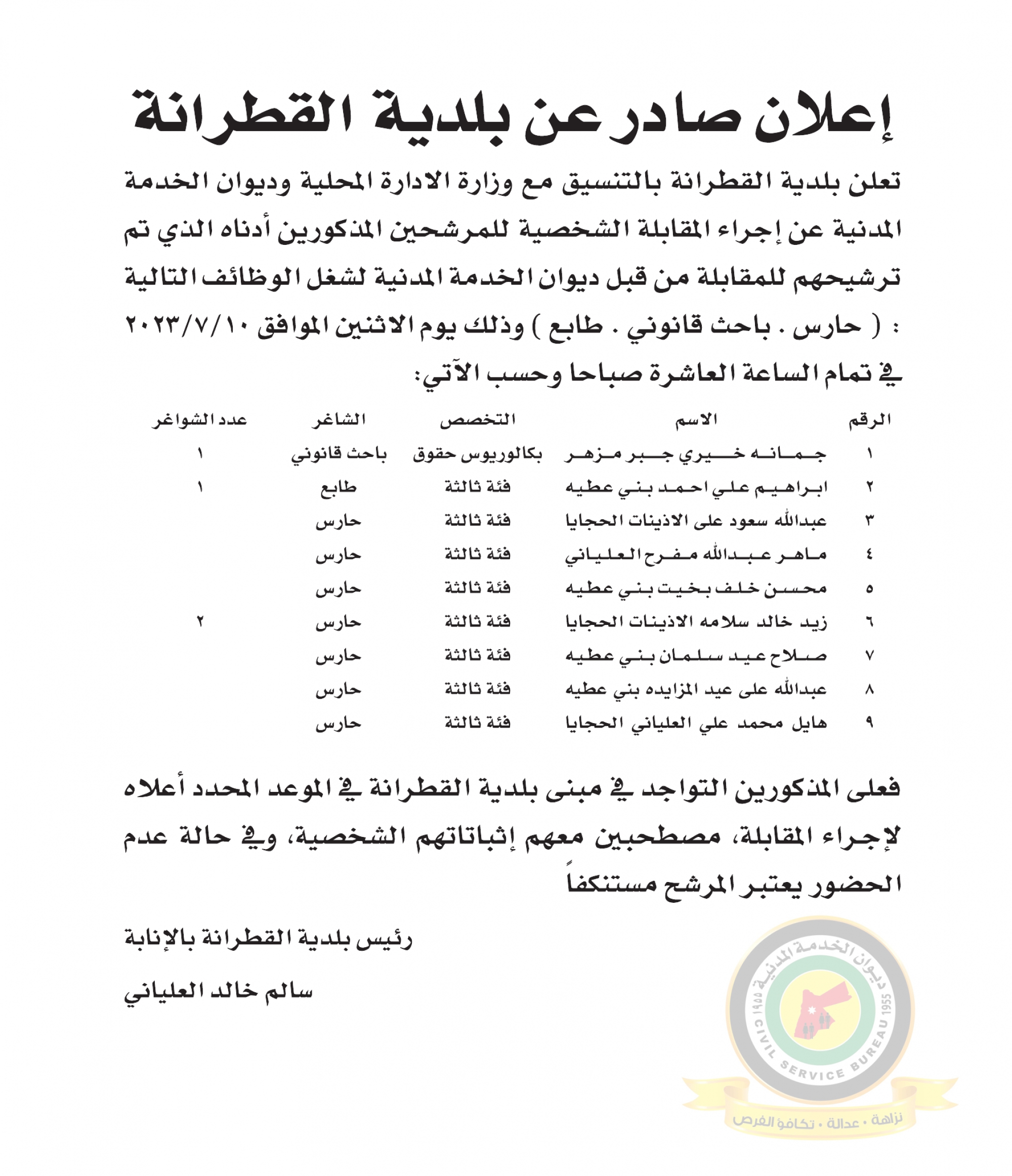 اعلان مقابلة شخصية يوم الاثنين الموافق 10-7-2023 في تمام الساعة العاشرة صباحا صادر عن بلدية القطرانة