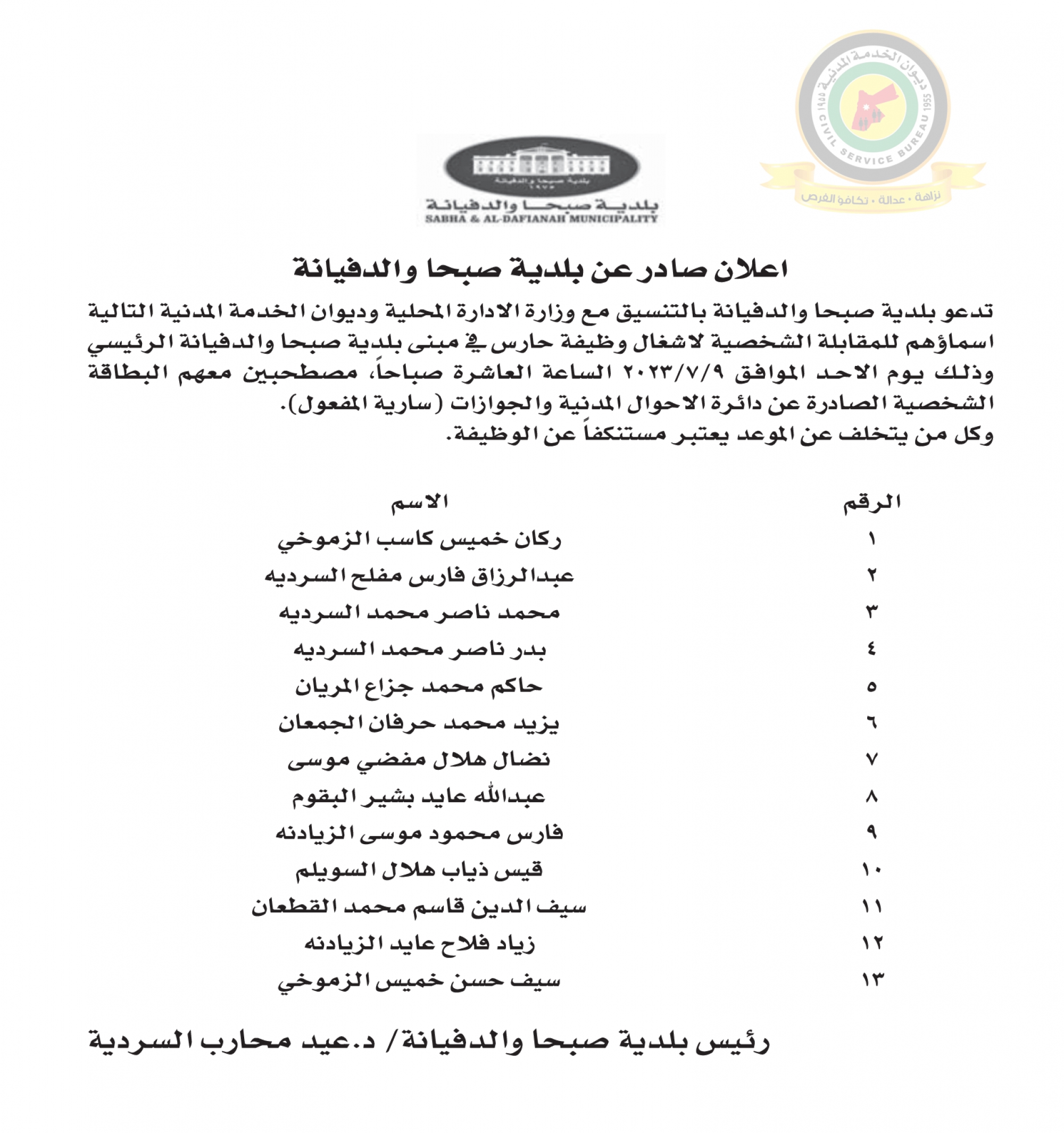 اعلان مقابلة شخصية لإشغال وظيفة حارس يوم الأحد الموافق 9-7-2023 في تمام الساعة العاشرة صباحا صادرعن بلدية صبحا والدفيانة