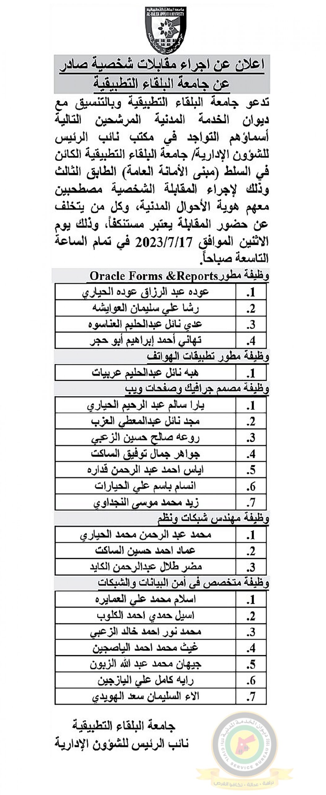 اعلان مقابلة شخصية يوم الأثنين الموافق 17-7-2023 في تمام الساعة التاسعة صباحا صادر عن جامعة البلقاء التطبيقية