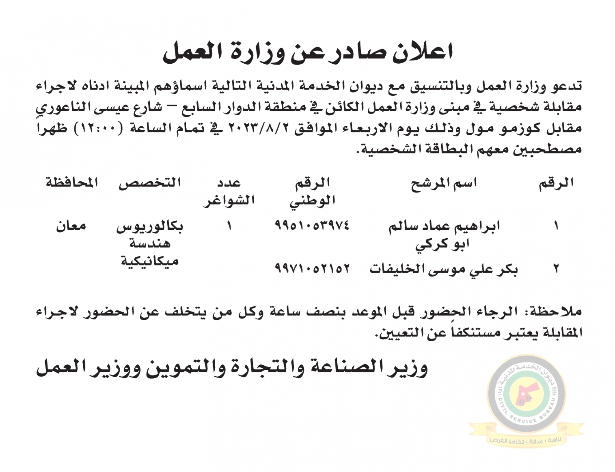 اعلان مقابلة شخصية يوم الاربعاء الموافق 2-8-2023 في تمام الساعة الثانية عشر ظهرا صادر عن وزارة العمل