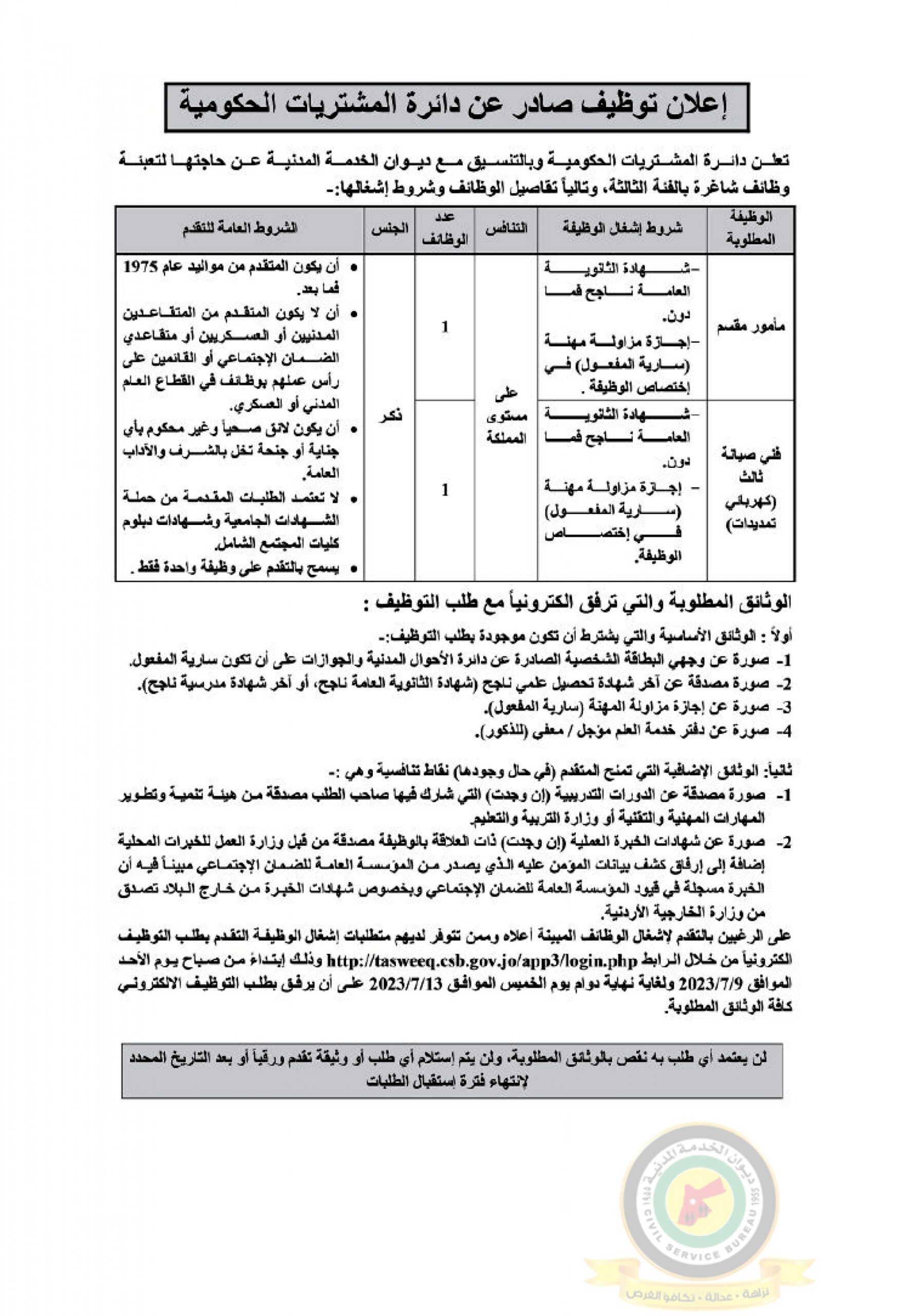 اعلان وظائف شاغرة بالفئة الثالثة صادرعن دائرة المشتريات الحكومية