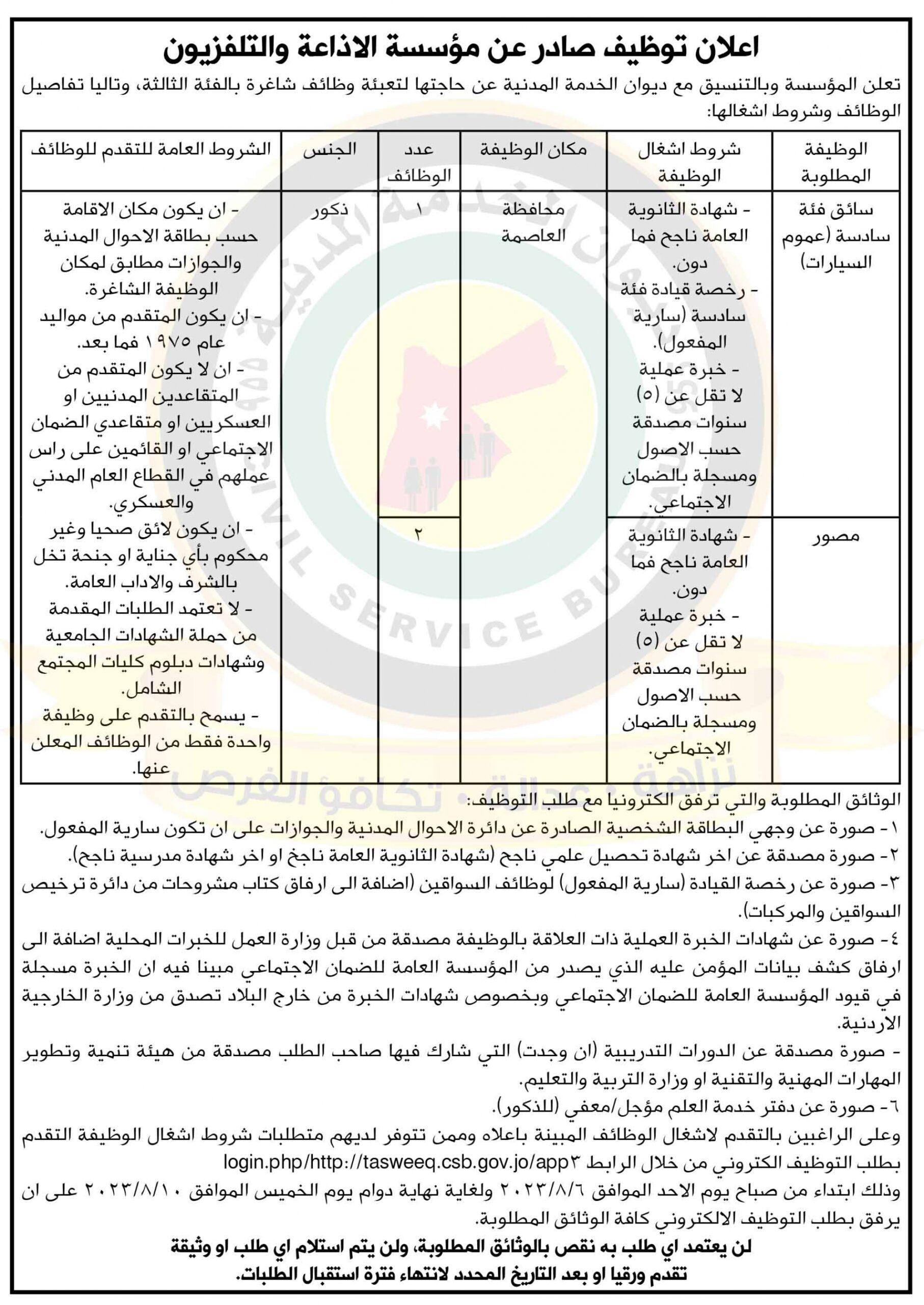 اعلان وظائف شاغرة صادر عن مؤسسة الاذاعة والتلفزيون