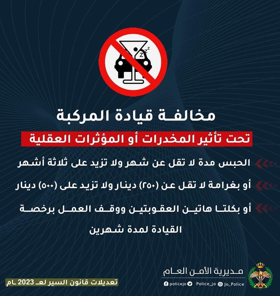 قيادة المركبة تحت تأثير المخدرات والمؤثرات العقلية تصرف قاتل وهذه عقوبتها