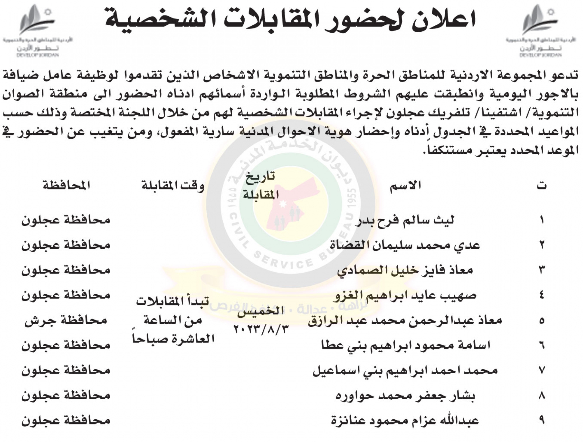 اعلان مقابلات شخصية صادر عن المجموعة الاردنية للمناطق الحره والمناطق التنموية بتاريخ 3/8/2023