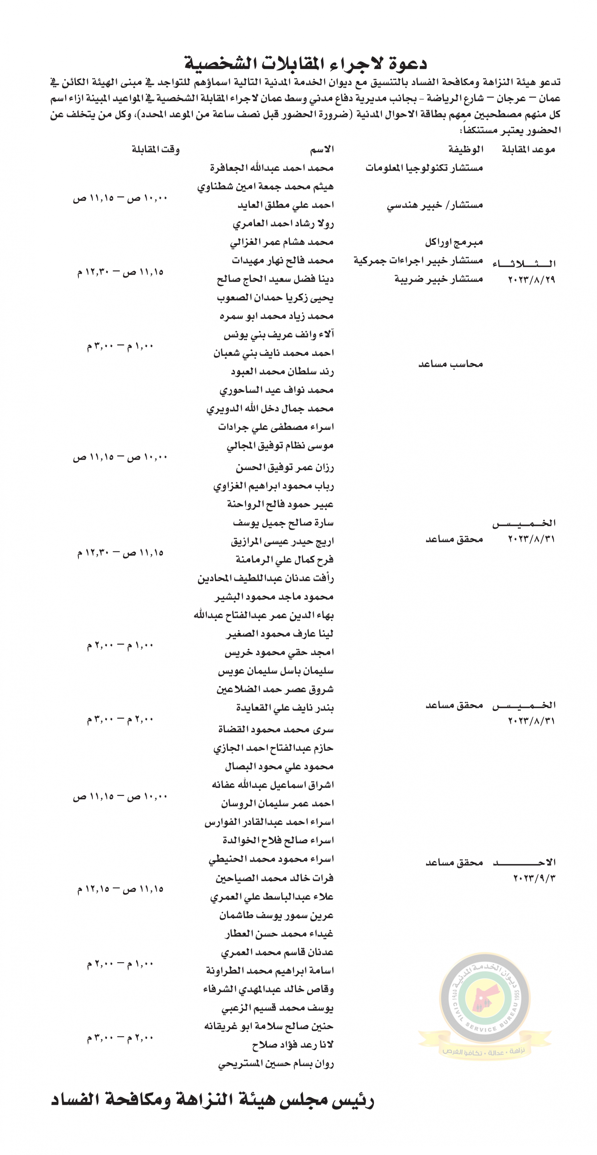 اعلان مقابلة شخصية صادرعن هيئة النزاهة ومكافحة الفساد