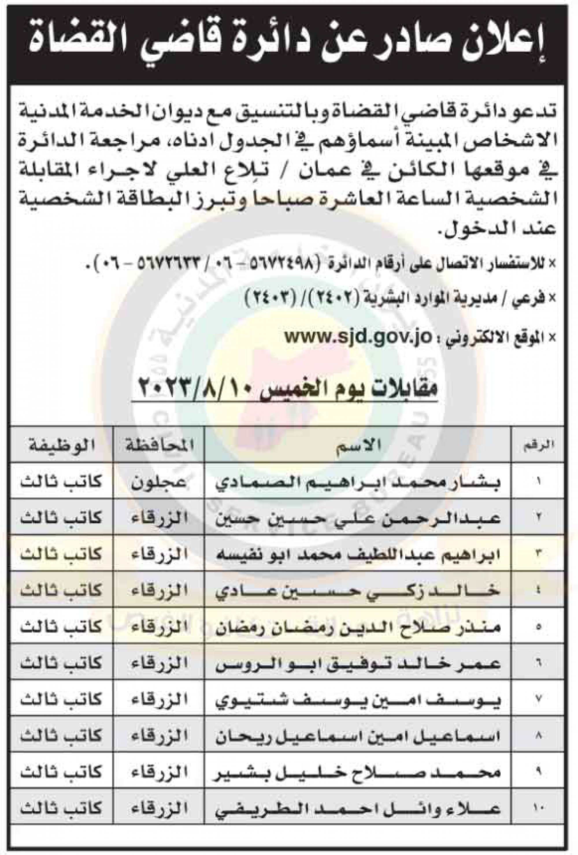 اعلان مقابلات شخصية صادر عن دائرة قاضي القضاة