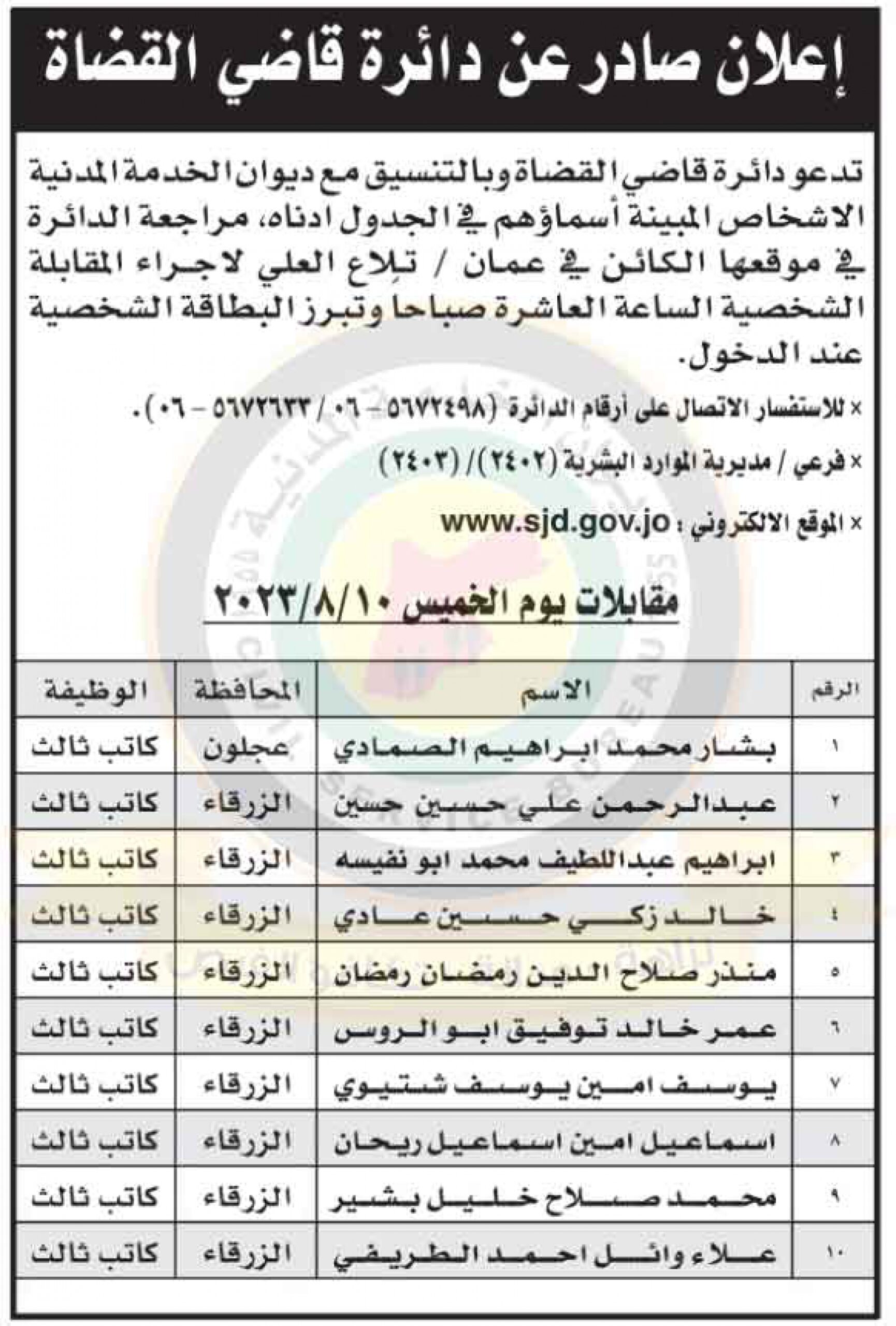 اعلان مقابلات شخصية صادر عن دائرة قاضي القضاة