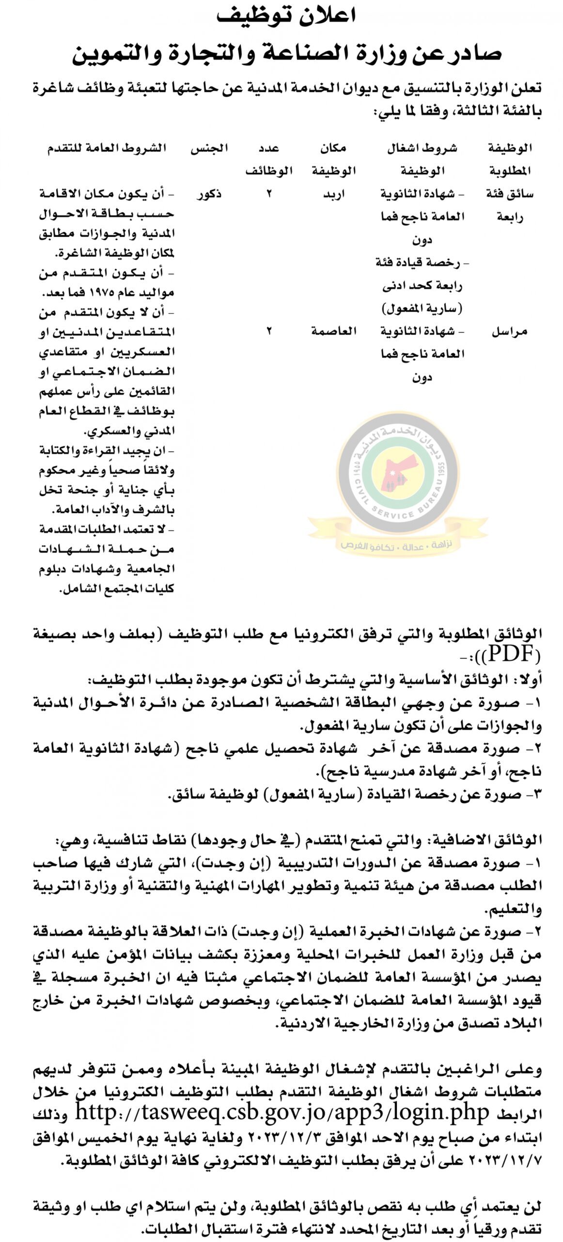 اعلان وظائف شاغرة بالفئة الثالثة صادرعن وزارة الصناعة والتجارة والتموين
