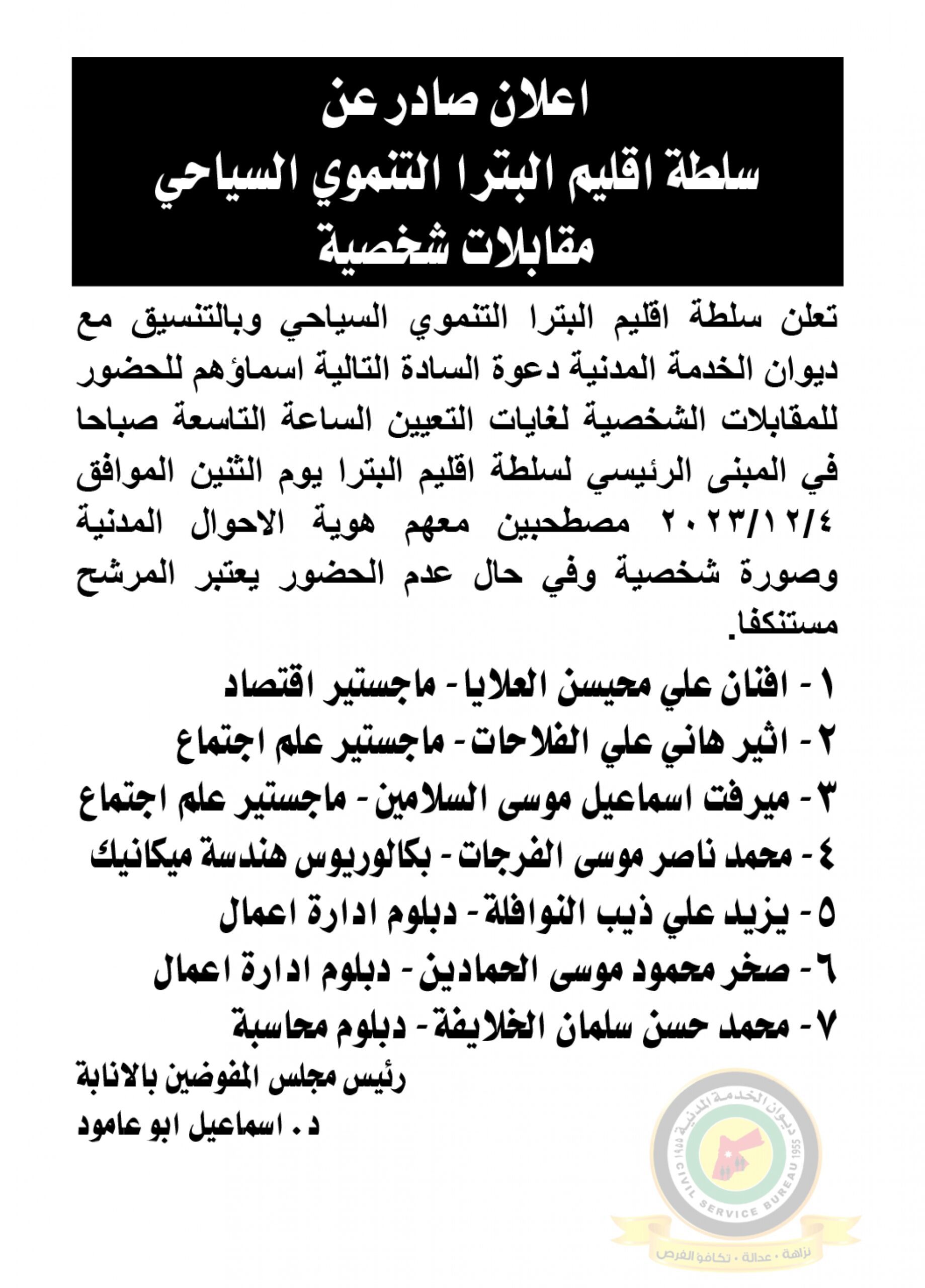 اعلان مقابلة شخصية يوم الاثنين الموافق 4-12-2023 في تمام الساعة التاسعة صباحا صادرعن سلطة اقليم البترا التنموي السياحي