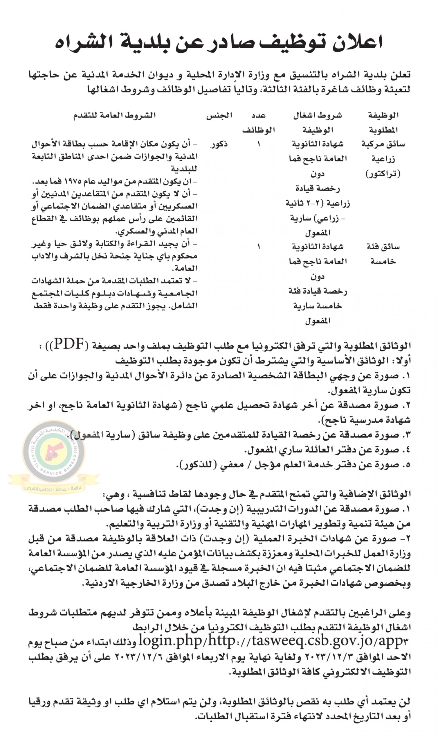 اعلان وظائف شاغرة بالفئة الثالثة صادرعن بلدية الشراه