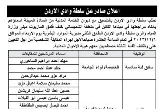 اعلان مقابلة شخصية يوم الاربعاء الموافق 6-12-2023 في تمام الساعة العاشرة صباحا صادر عن سلطة وادي الأردن