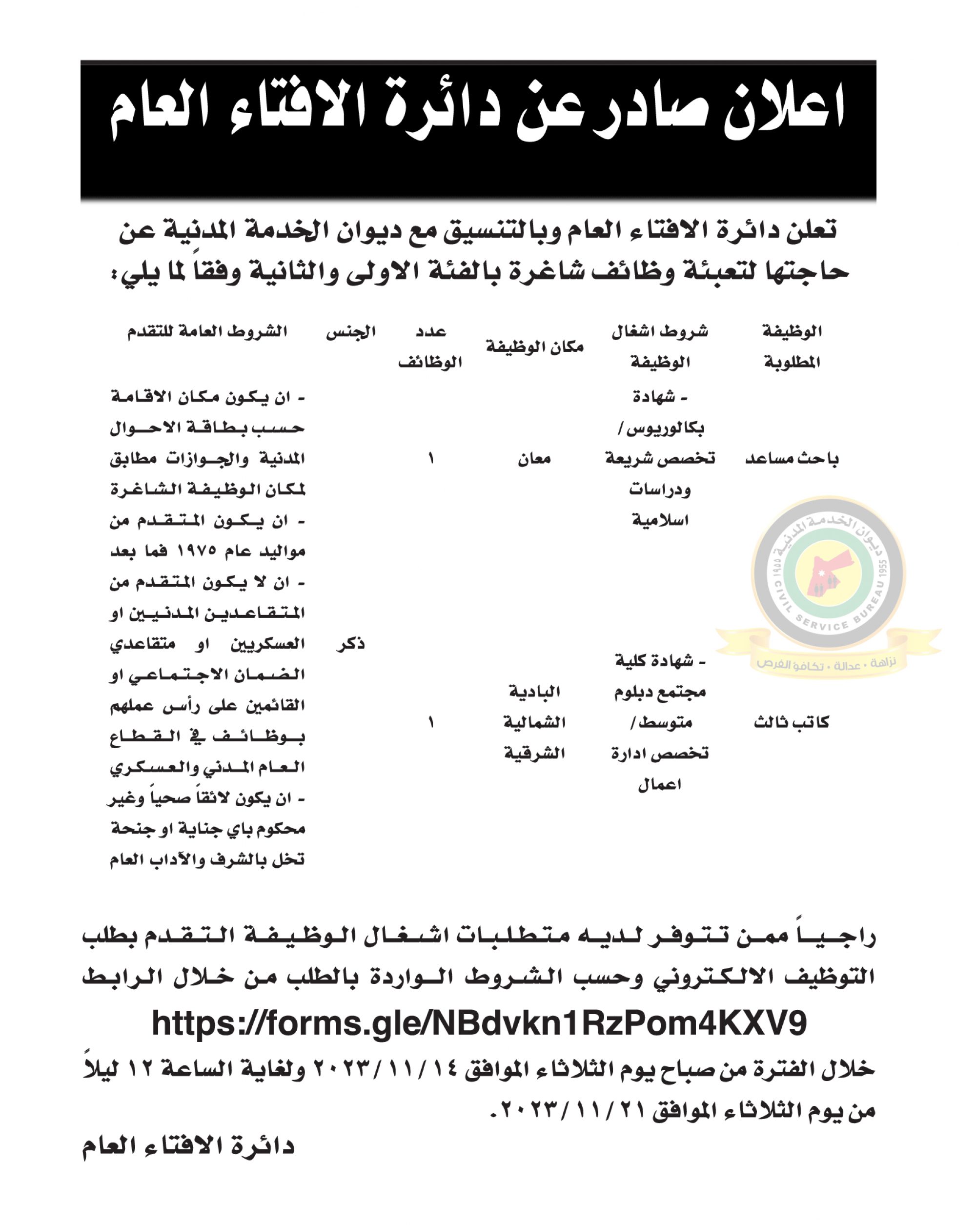 اعلان وظائف شاغرة بالفئة الأولى والثانية صادرعن دائرة الإفتاء العام