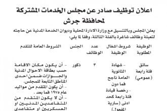 اعلان وظائف شاغرة بالفئة الثالثة صادرعن مجلس الخدمات المشتركة لمحافظة جرش