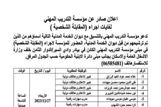 اعلان مقابلة شخصية في تمام الساعة التاسعة صباحا صادرعن مؤسسة التدريب المهني