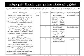 اعلان وظائف شاغرة بالفئة الثالثة صادرعن بلدية اليرموك