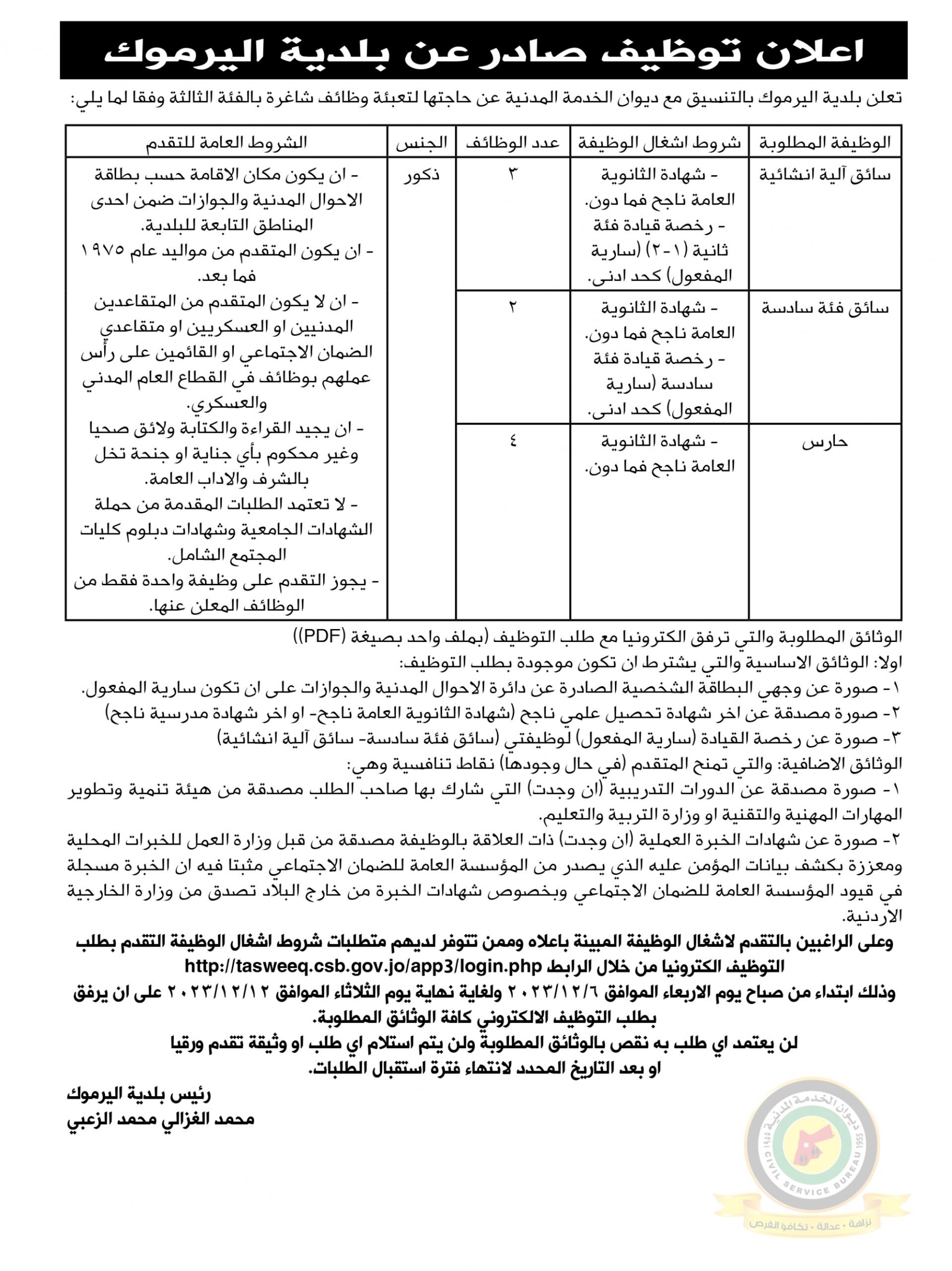 اعلان وظائف شاغرة بالفئة الثالثة صادرعن بلدية اليرموك